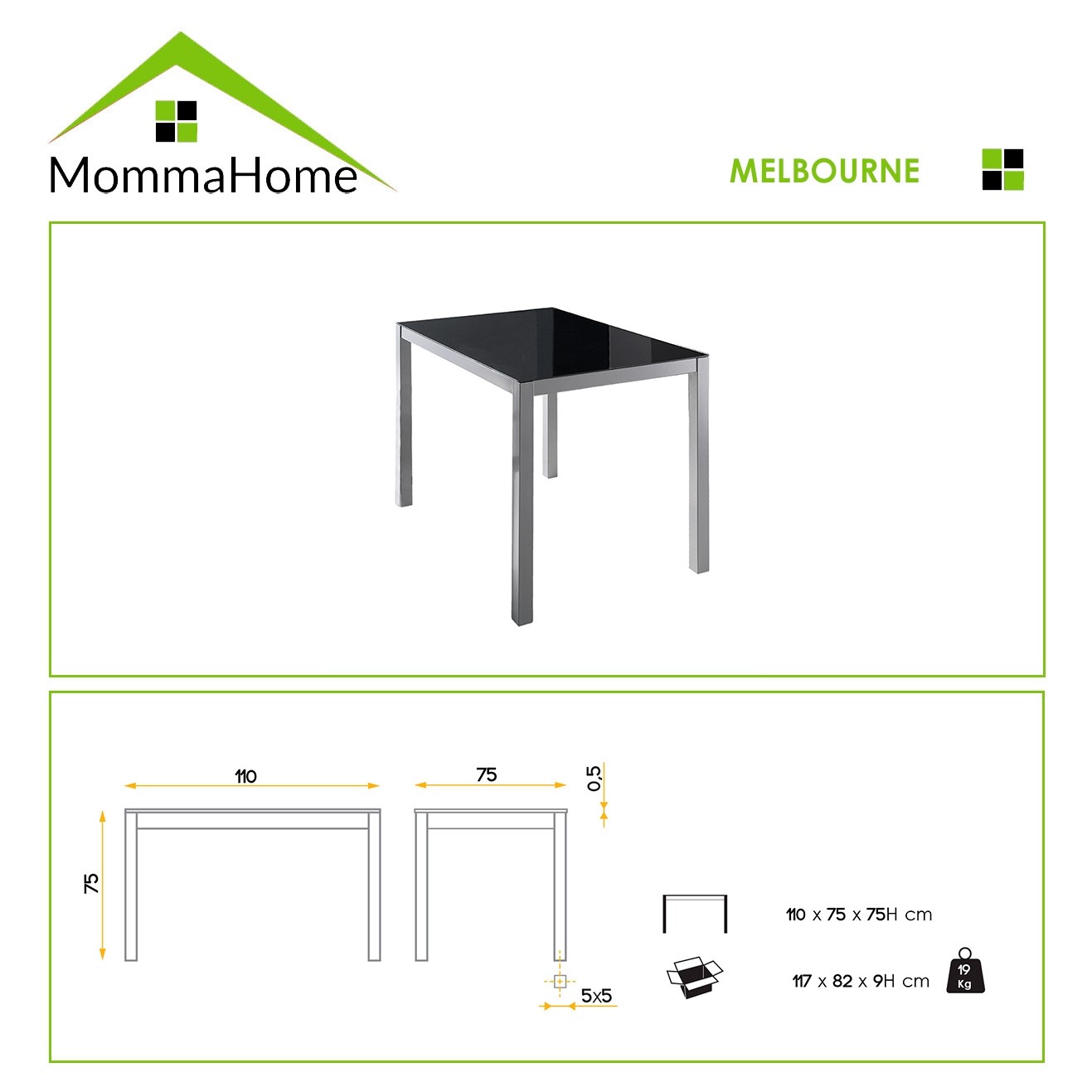 Conjunto de Mesa y Sillas Melbourne - con 4 Sillas - Mesa Fija - con Encimera de Cristal - para Salón y Cocina - Muy Elegante - Momma Home