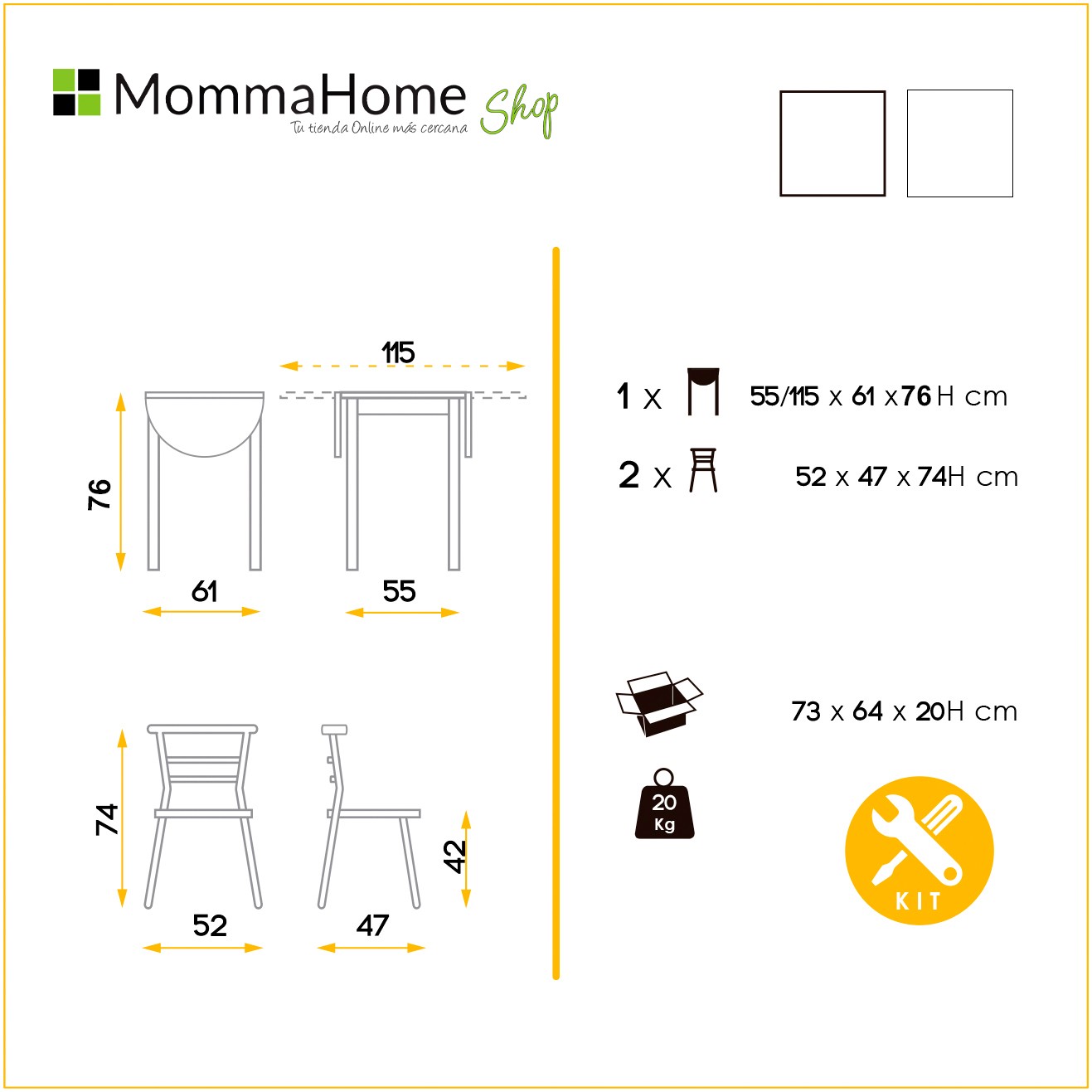 MOMMA HOME Conjunto Mesa Cocina Extensible y 2 Sillas Blanco - Mesa Comedor Extensible, Mesa Cocina Plegable