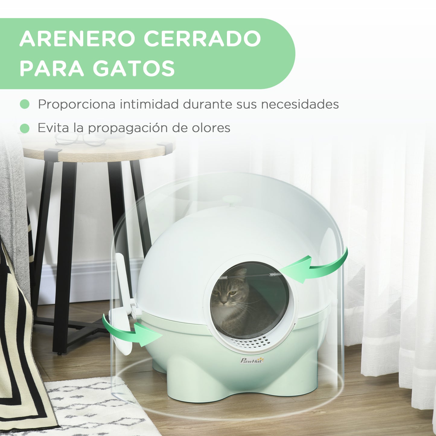 PawHut Arenero para Gatos con Cubierta Desmontable Caja de Arena para Gatos de Plástico con Pala Carga 4 kg 53x51x48 cm Verde