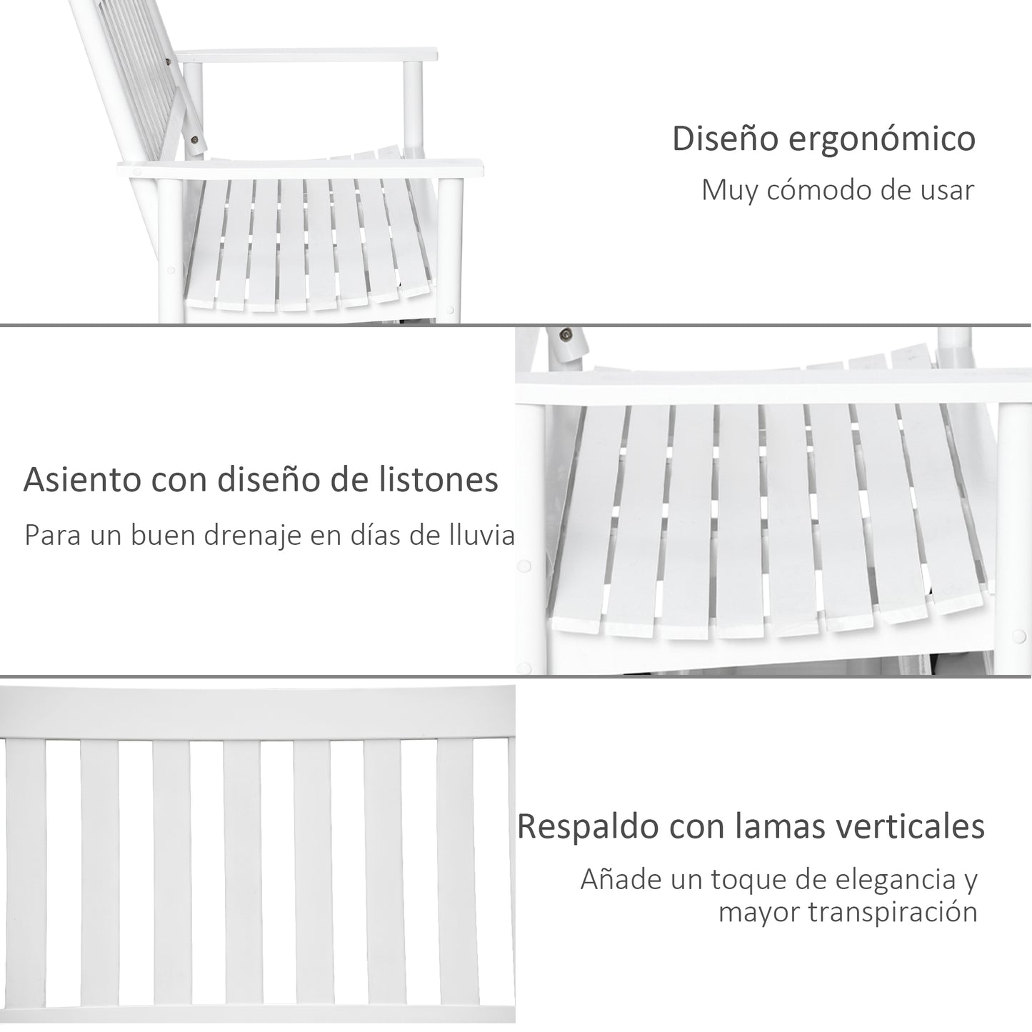 Outsunny Banco Mecedora de Jardín de 2 Plazas Banco Balancín de Madera con Reposabrazos y Respaldo de Listones para Terraza Exterior Carga 250 kg 125x68,5x102 cm Blanco