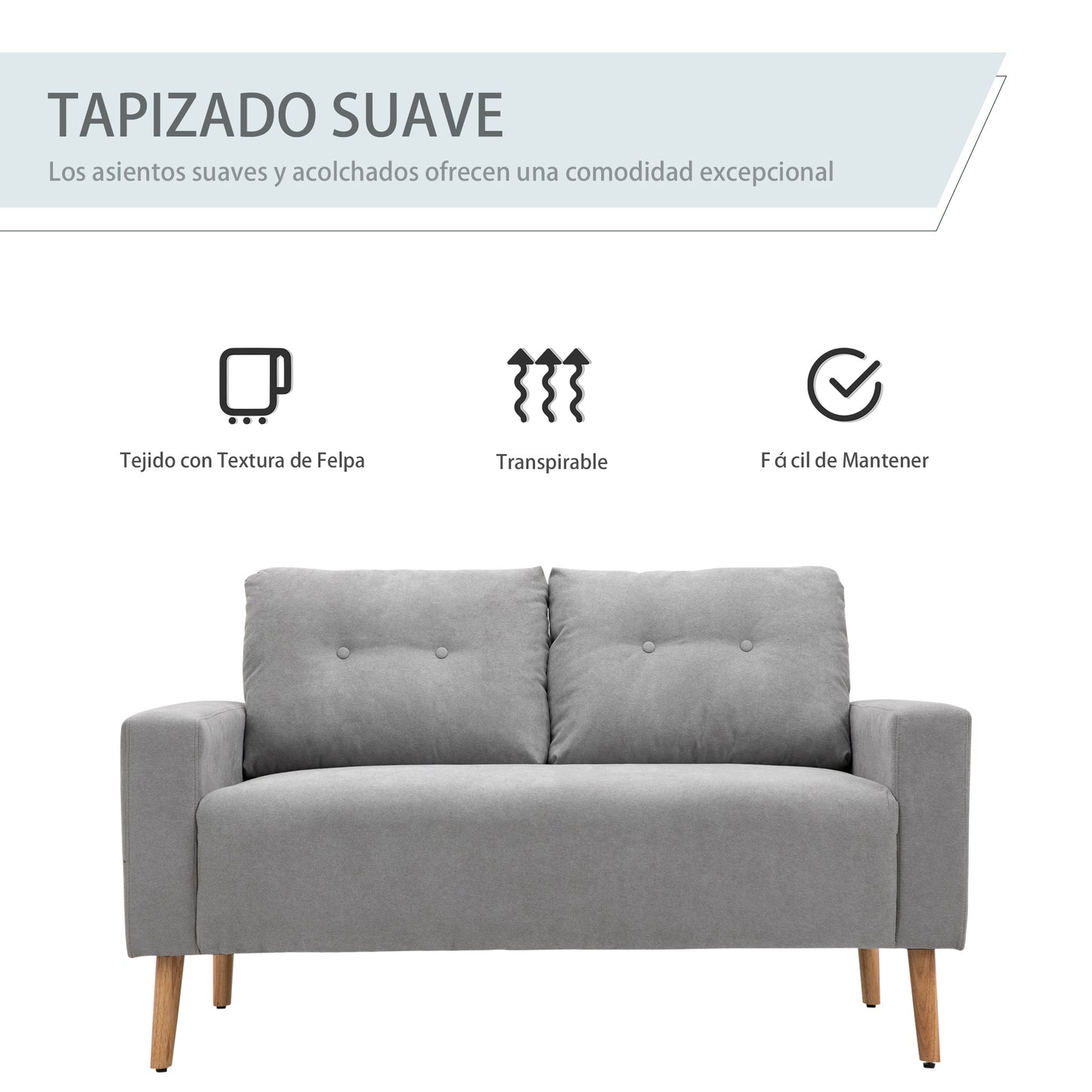 HOMCOM Sofá de 2 Plazas Sillón Moderno Tapizado en Poliéster con 2 Cojines Reposabrazos y Patas de Madera de Caucho para Dormitorio Oficina 145x76x88 cm Gris