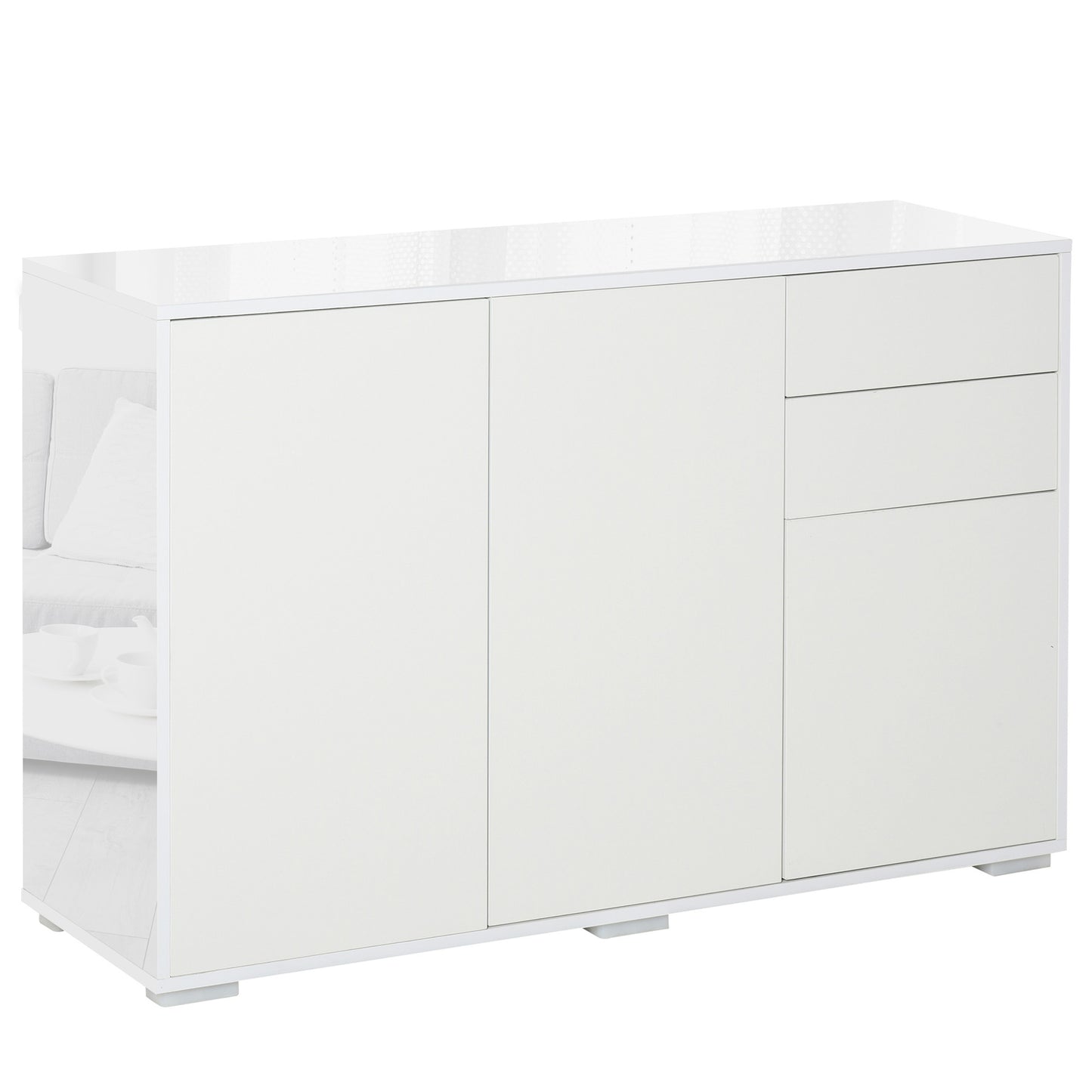 HOMCOM Aparador de Salón con 3 Puertas 2 Cajones y Estante Interior Ajustable Mueble Auxiliar de Almacenaje para Cocina Dormitorio Antivuelco 117x36x74 cm Alto Brillo Blanco