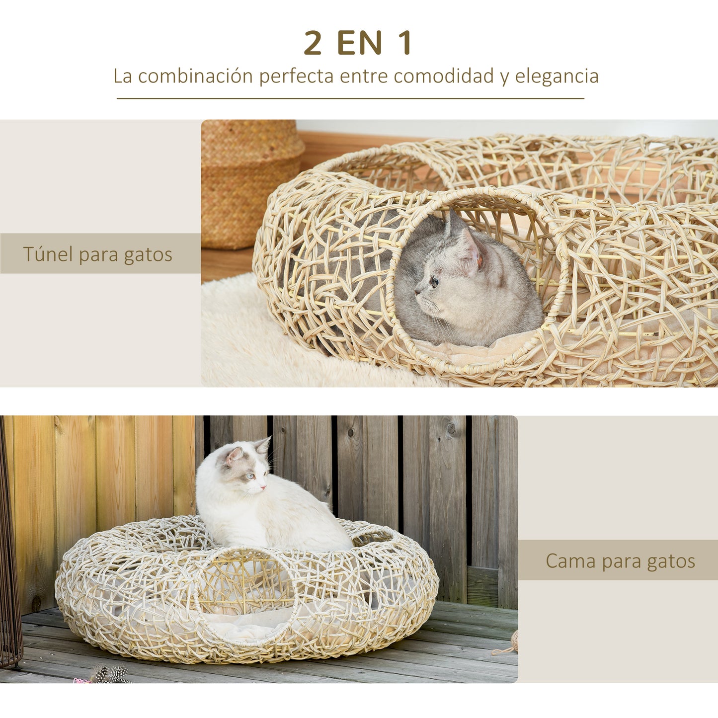 PawHut Cama para Gatos de Ratán 78x69x22 cm Cesta para Gatos Rolliza con Cojín Suave 3 Orificios de Acceso Túnel para Gatos Madera Natural