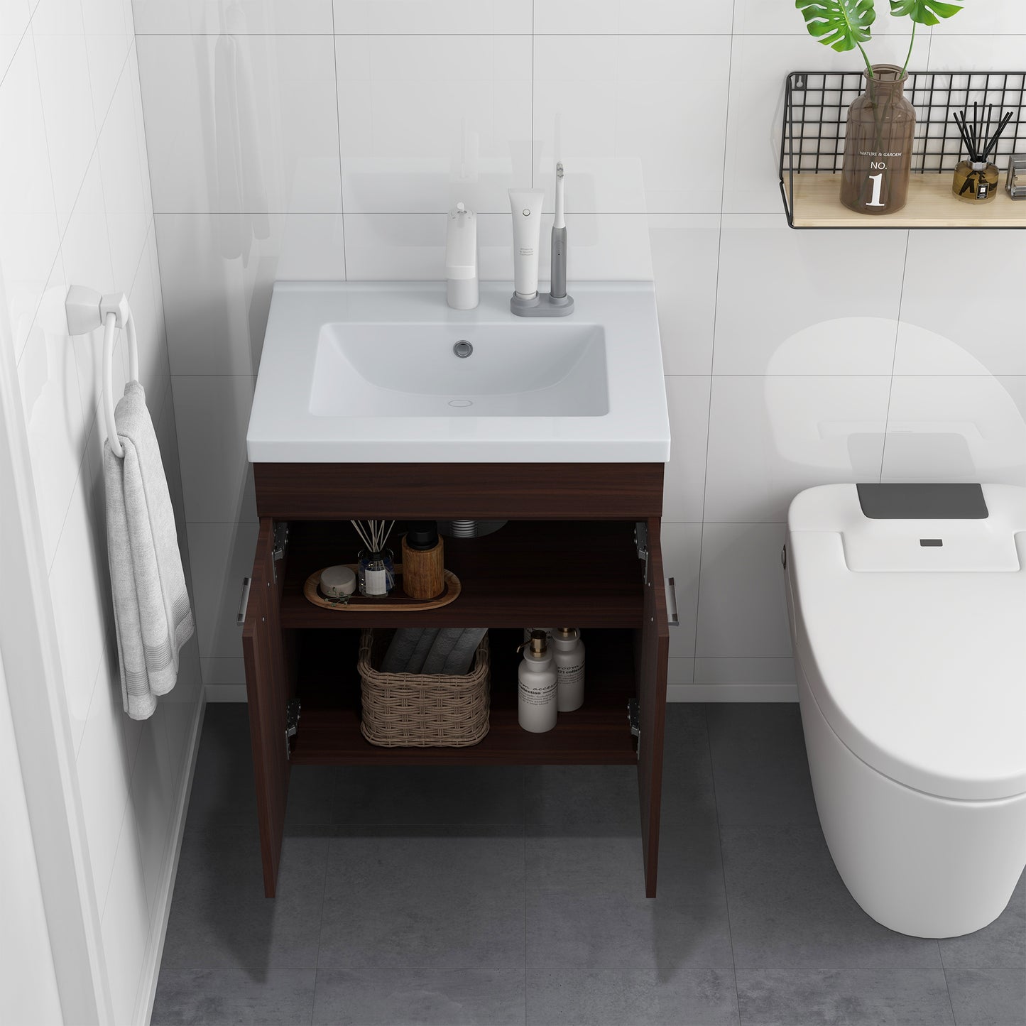 kleankin Mueble de Baño con Lavabo Cerámico Armario Bajo de Lavabo de Pared con 2 Puertas y Estante Ajustable Acabado Melamina 60x45,5x60 cm Marrón