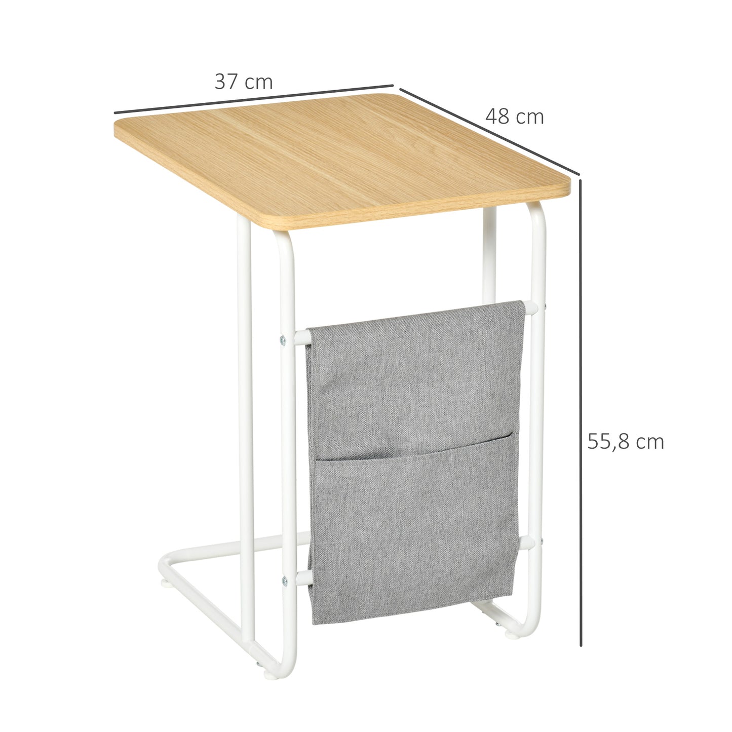 HOMCOM Mesa Auxiliar de Sofá en Forma de C con Bolsa de Almacenaje Extraíble Mesa Lateral para Salón Dormitorio Oficina 37x48x55,8 cm Roble y Blanco