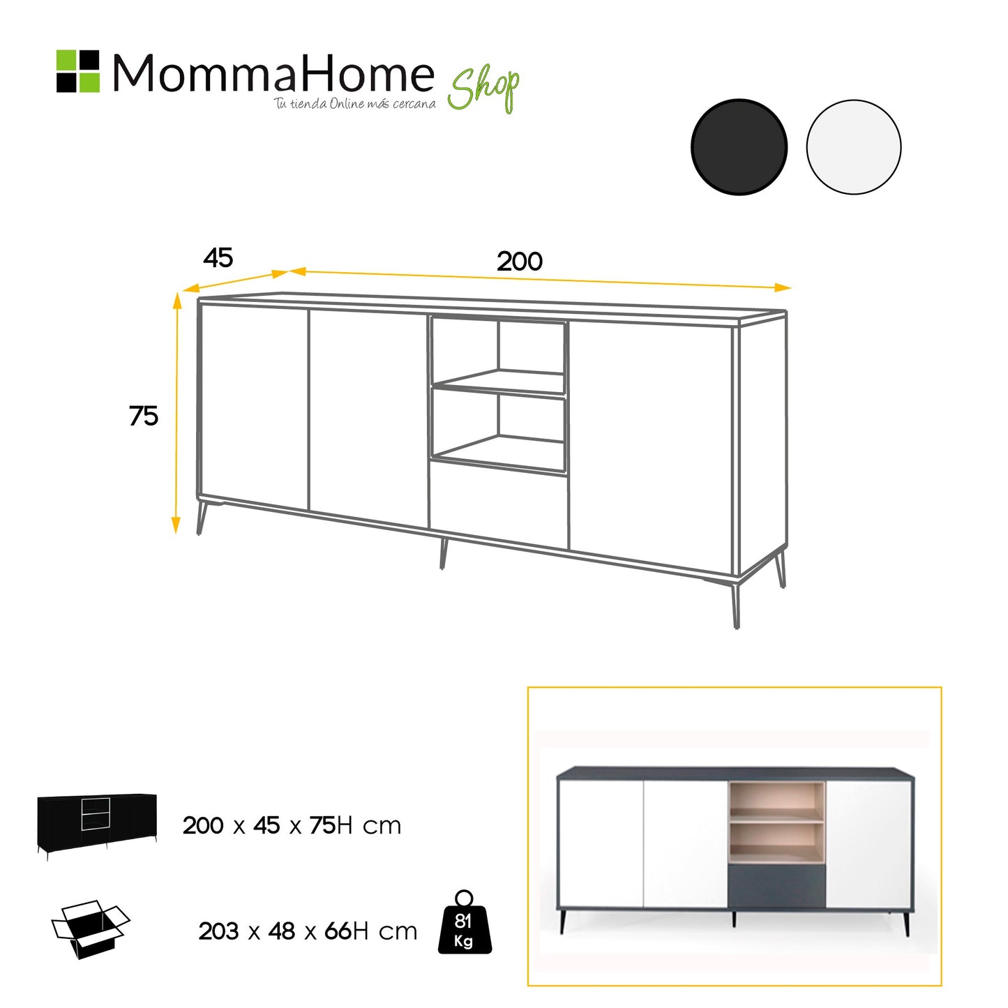 MOMMA HOME Aparador LEA 3 puertas antracita, blanco polar 200x45x75H cm