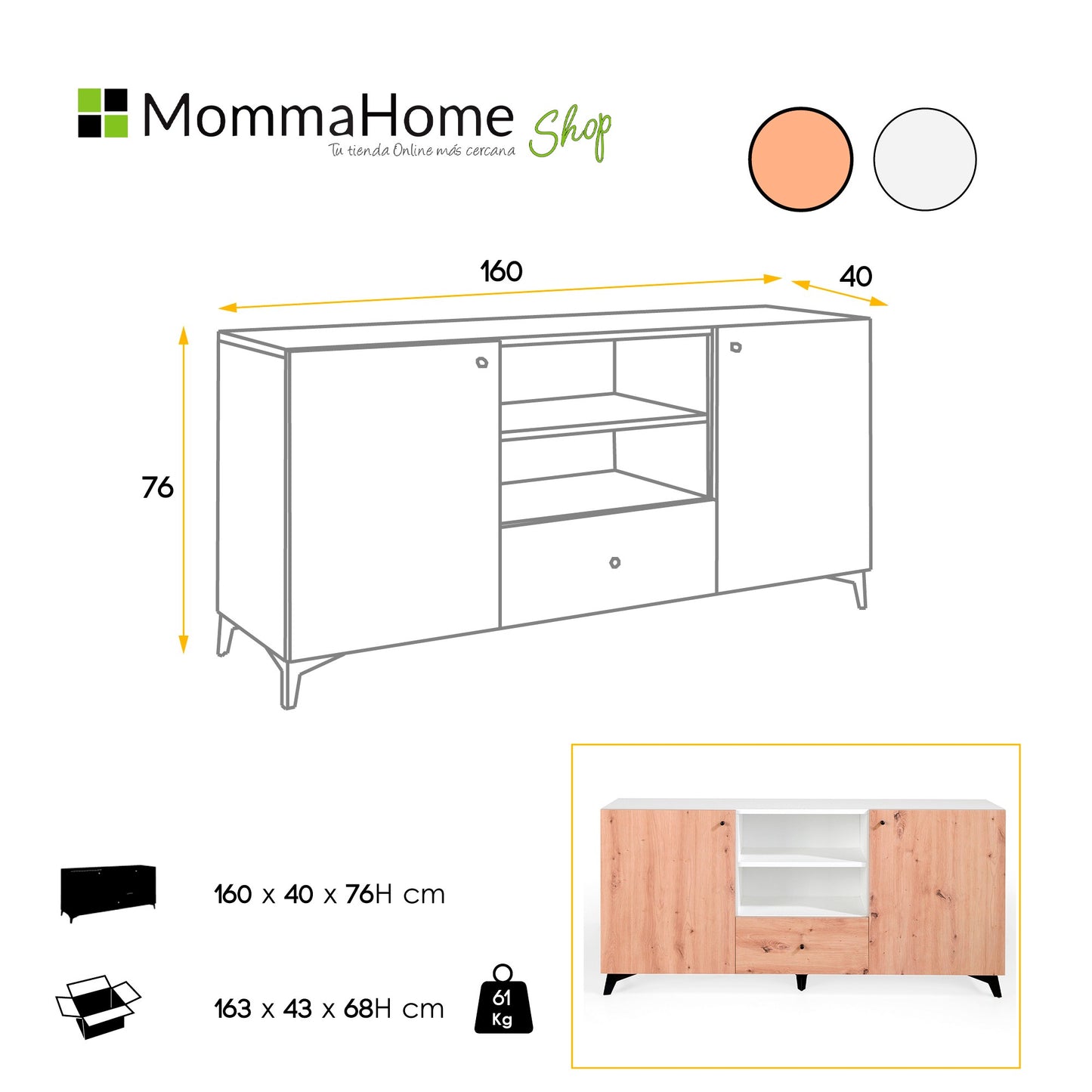 MOMMA HOME, APARADOR ROBLE Y BLANCO SALÓN NOVER, 160X40X76 CM