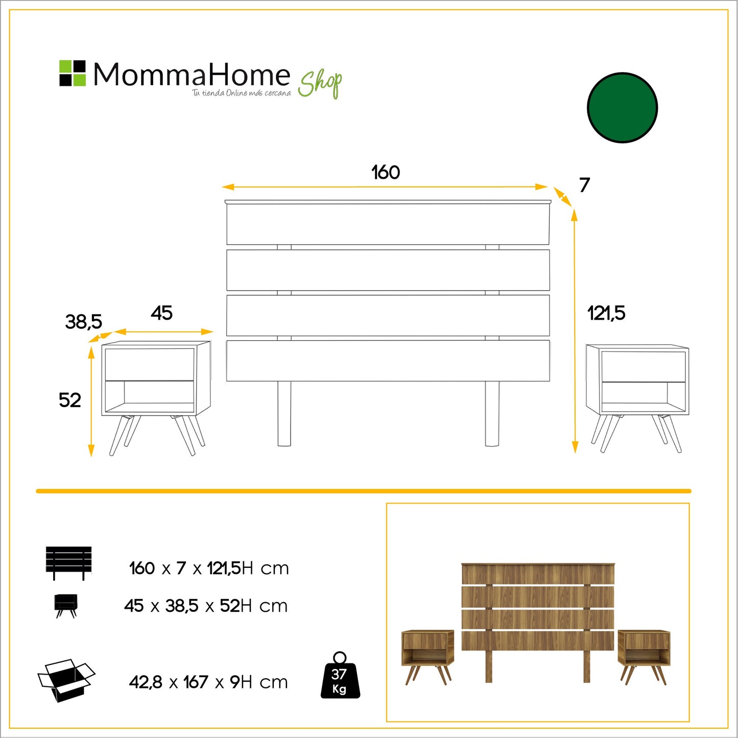 Cabecero de Cama + 2 Mesitas en Madera Roble - MOMMA HOME Modelo TOMARO - Cabezal y 2 mesitas Acabado en Madera - Cabecero