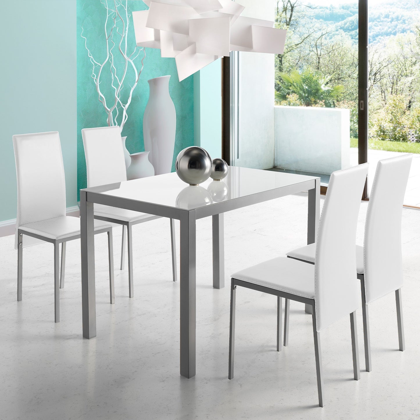 Conjunto de Mesa y Sillas Melbourne - con 4 Sillas - Mesa Fija - con Encimera de Cristal - para Salón y Cocina - Muy Elegante - Momma Home