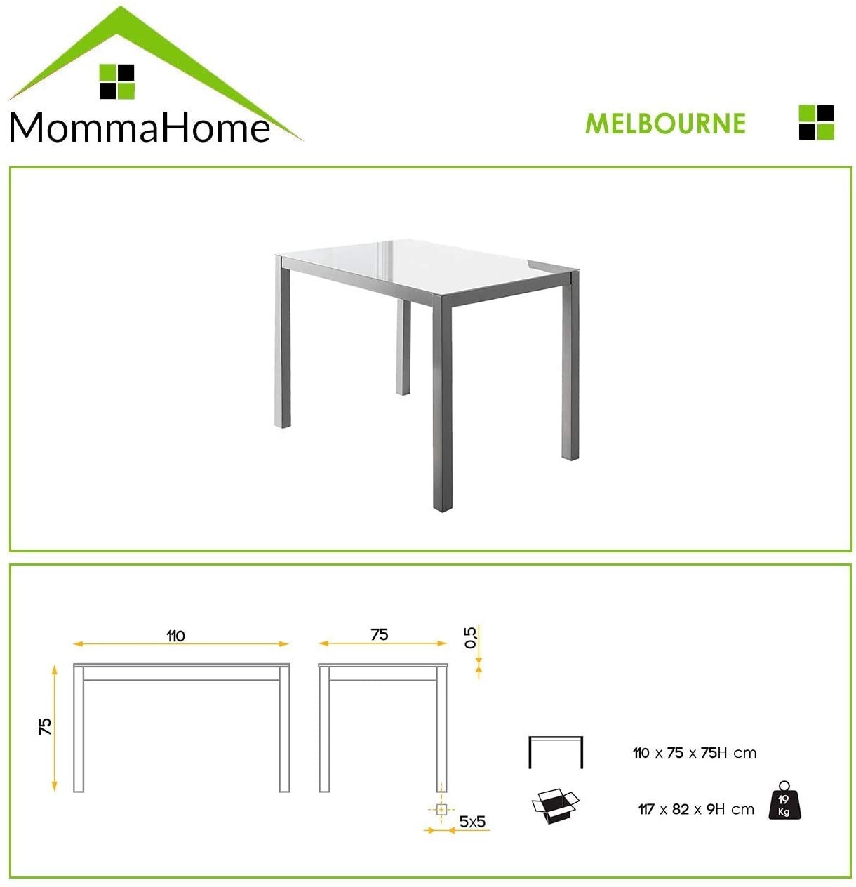 Conjunto de Mesa y Sillas Melbourne - con 4 Sillas - Mesa Fija - con Encimera de Cristal - para Salón y Cocina - Muy Elegante - Momma Home