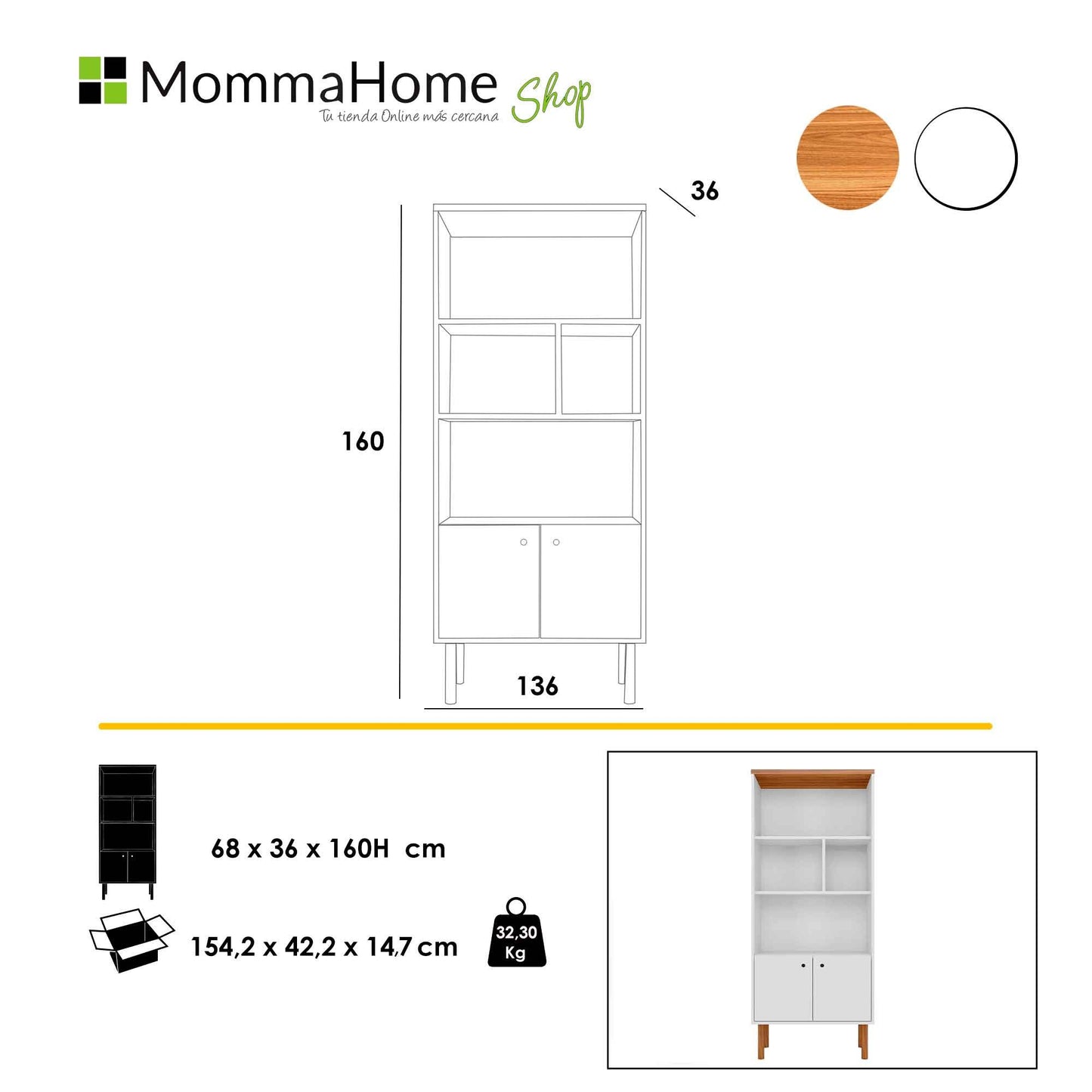 MOMMA HOME Estantería Librería con Estantes y Puertas. Blanco y Roble. Modelo Prica. Medidas: 160 X 68 X 36 cm