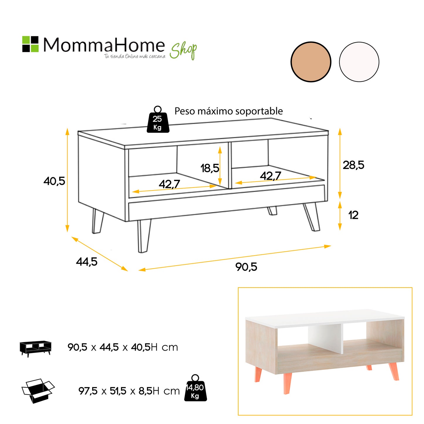 MOMMA HOME Mesa Centro ROAU con Cajón, Mesita de Salón o Comedor, Acabado en Roble y Blanco, Medidas: 90.5 x 44.5 x 40.5 cm