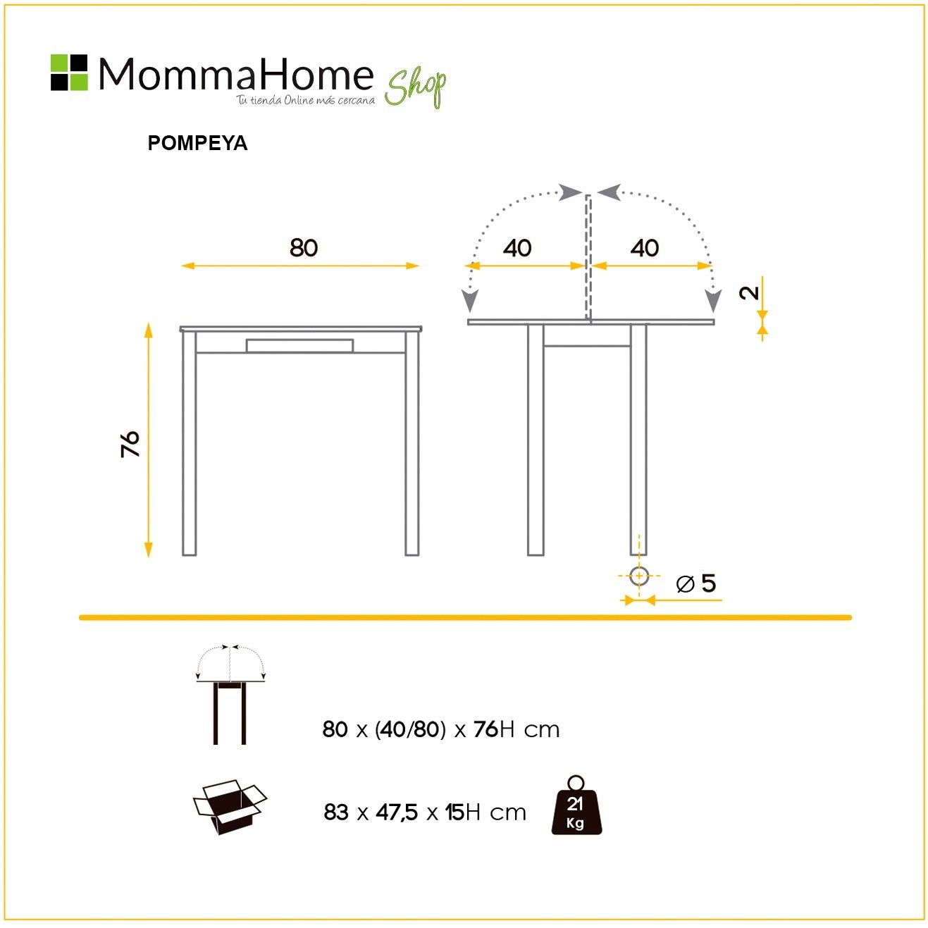 MOMMA HOME MESA DE COCINA DE MADERA - MODELO POMPEYA BLACK- MEDIDAS 80 X 40/80 X 78 CM