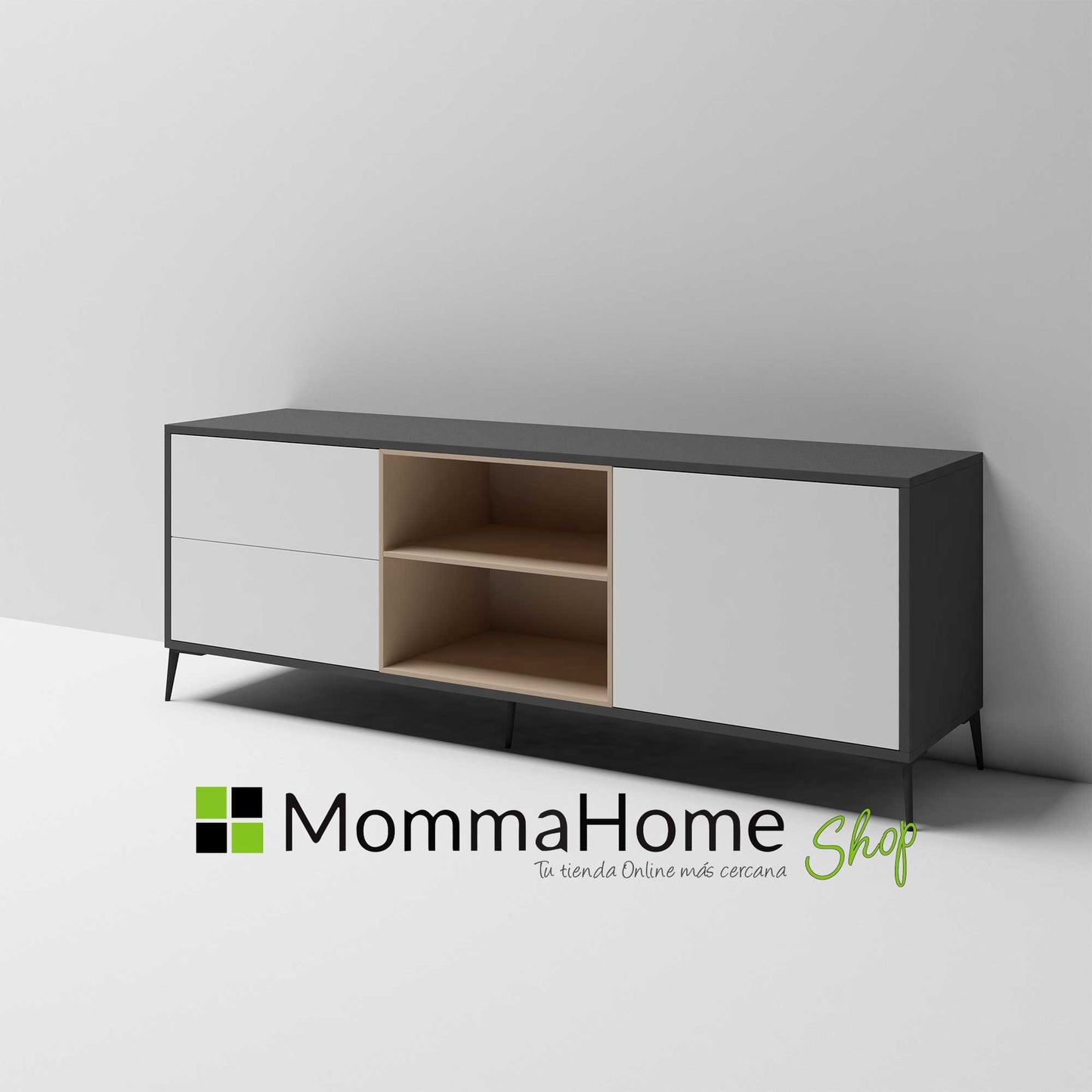 MOMMA HOME Mueble TV LEA, Salón comedor Antracita-Blanco polar 180x42x55cm