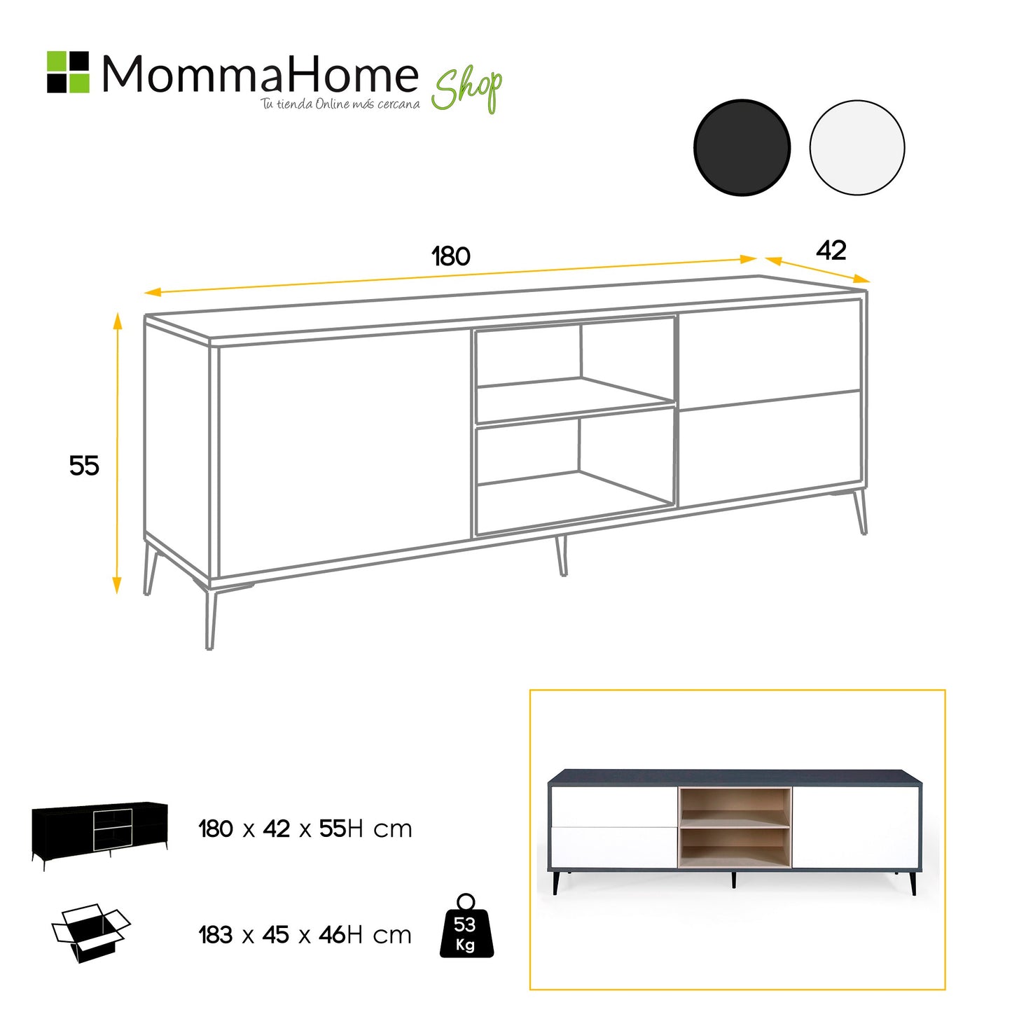 MOMMA HOME Mueble TV LEA, Salón comedor Antracita-Blanco polar 180x42x55cm