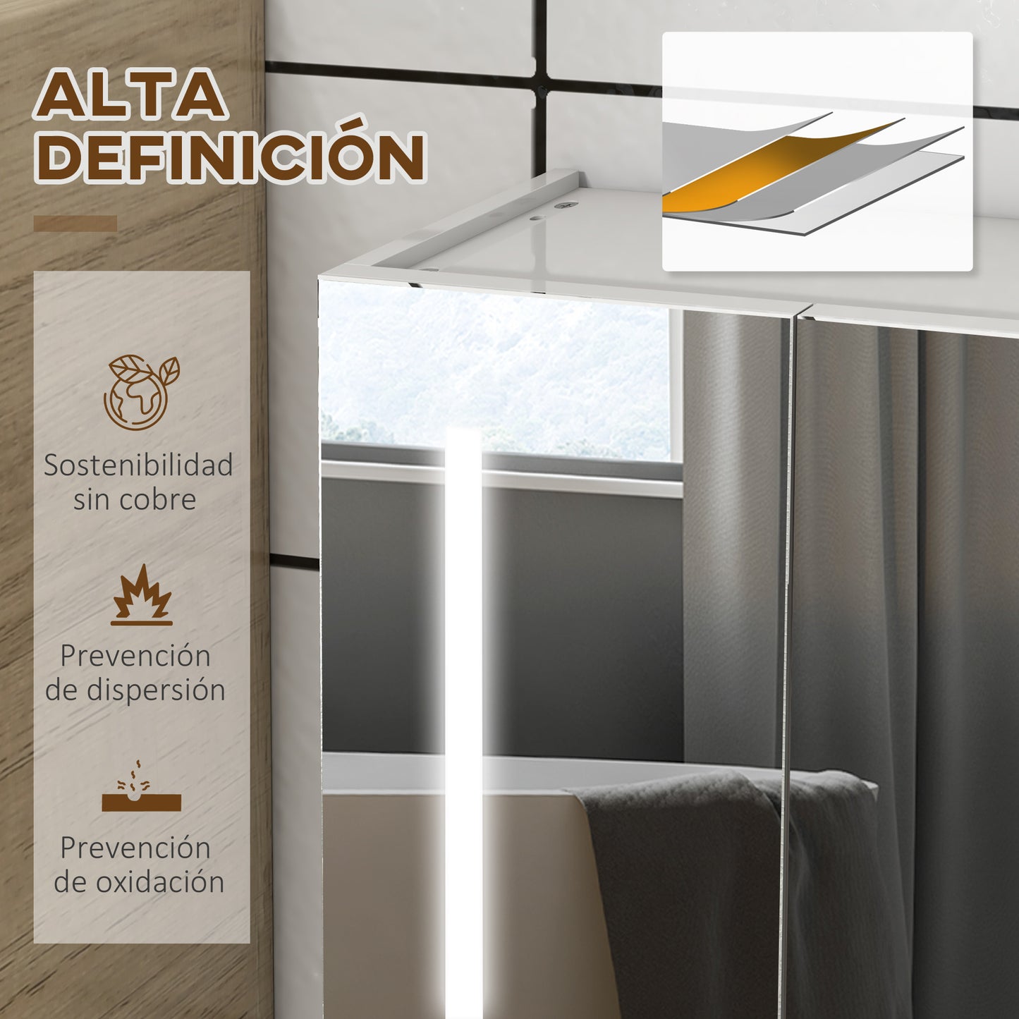 kleankin Armario con Espejo de Baño con Luz LED Mueble de Pared Colgante con 3 Puertas Estantes Ajustables Interruptor Táctil y USB 90x15x70 cm Blanco Brillante