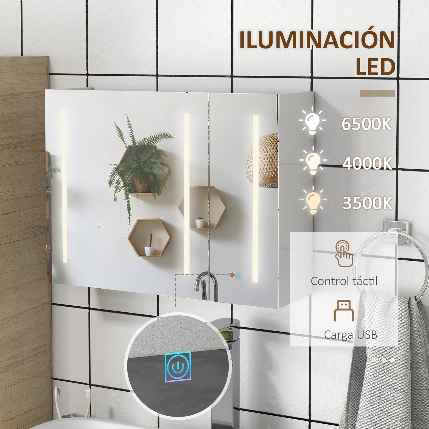 kleankin Armario con Espejo de Baño con Luz LED Mueble de Pared Colgante con 3 Puertas Estantes Ajustables Interruptor Táctil y USB 90x15x70 cm Blanco Brillante