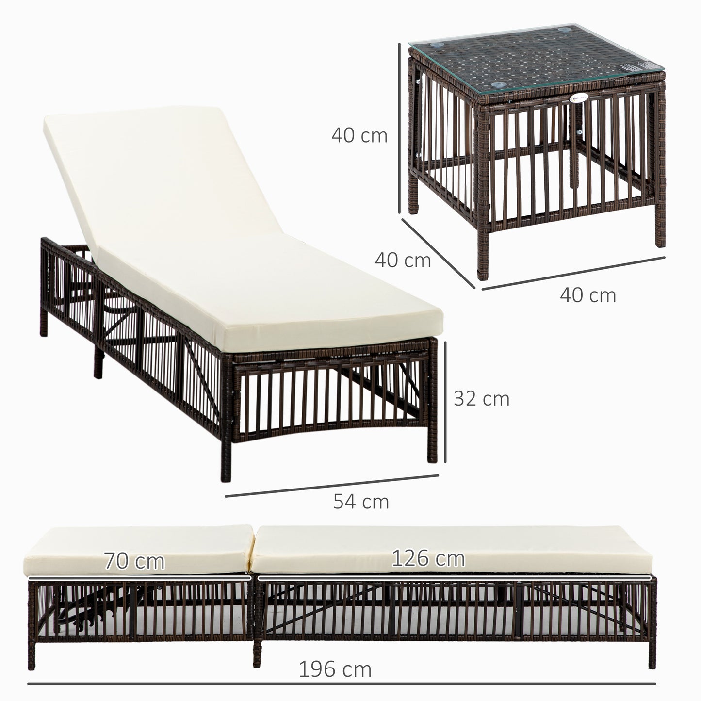 Outsunny Conjunto de 2 Tumbonas de Ratán Tumbonas de Jardín con Mesa de Centro Respaldo Ajustable en 5 Niveles y Cojines 196x54x32 cm Marrón