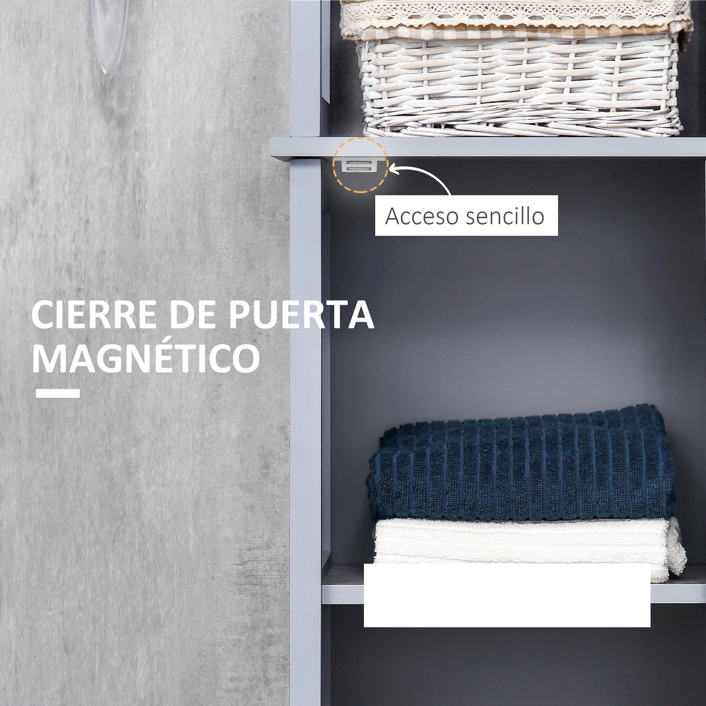 kleankin Armario Alto de Baño con 1 Puerta y 3 Estantes Abiertos Mueble Auxiliar de Almacenaje para Salón Cocina Dormitorio Carga 30 kg Antivuelco 40x30x160 cm Gris