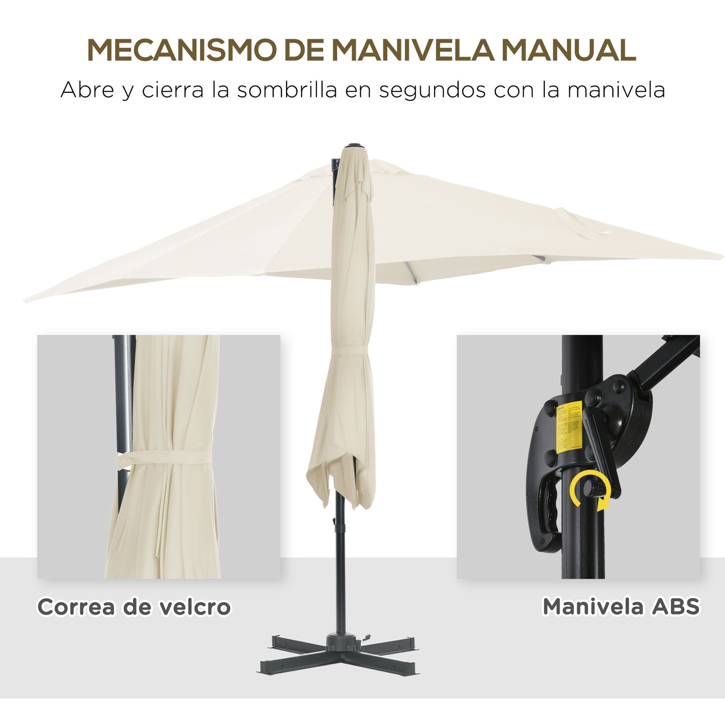 Outsunny Sombrilla de Jardín de Aluminio 245x245x245 cm Parasol Excéntrico con Manivela Giratorio 360° Inclinación de 5 Niveles Tela Desmontable Crema