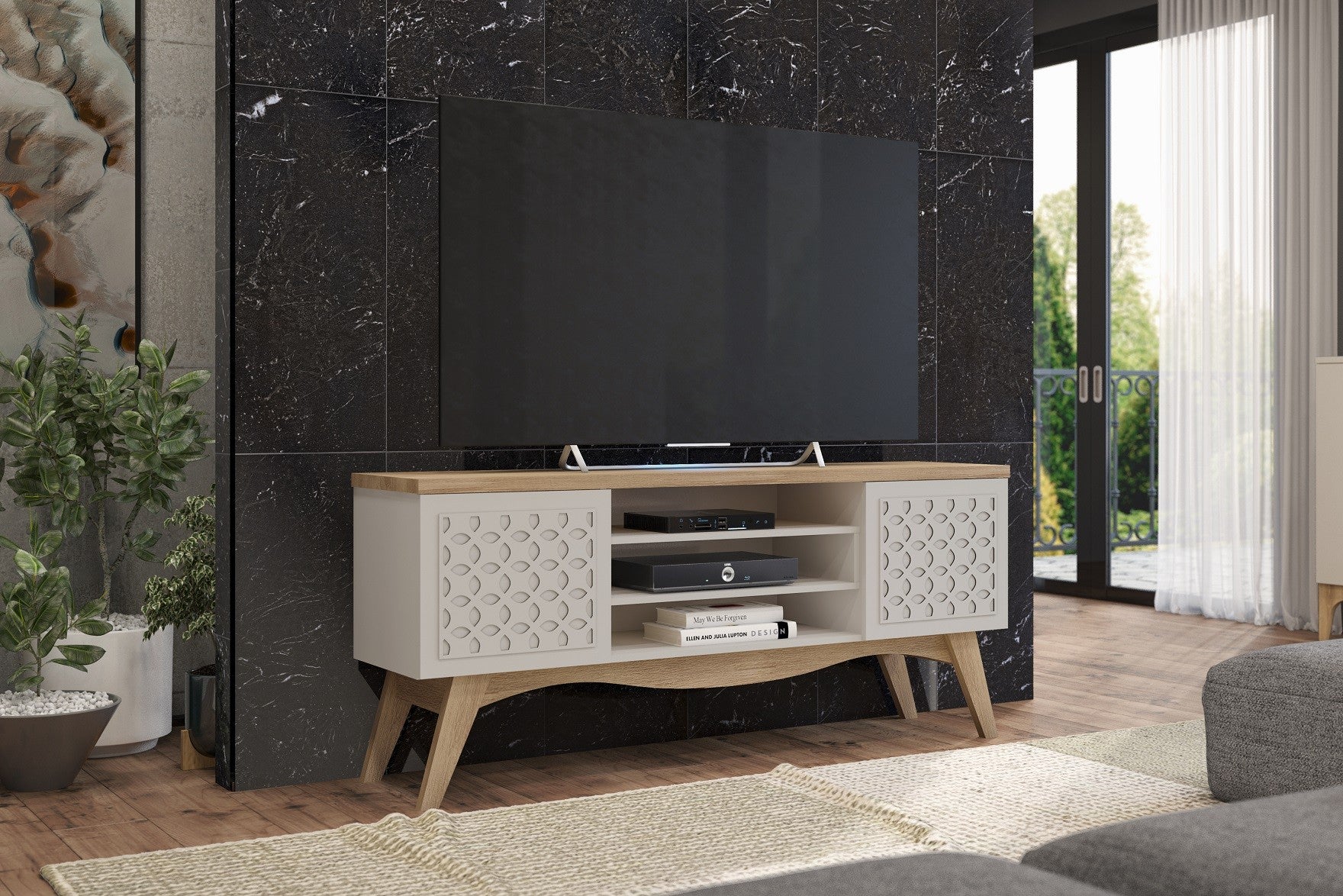 Mueble TV LIZ, blanco roto y cedro, 160 cms. - SDM – Bechester