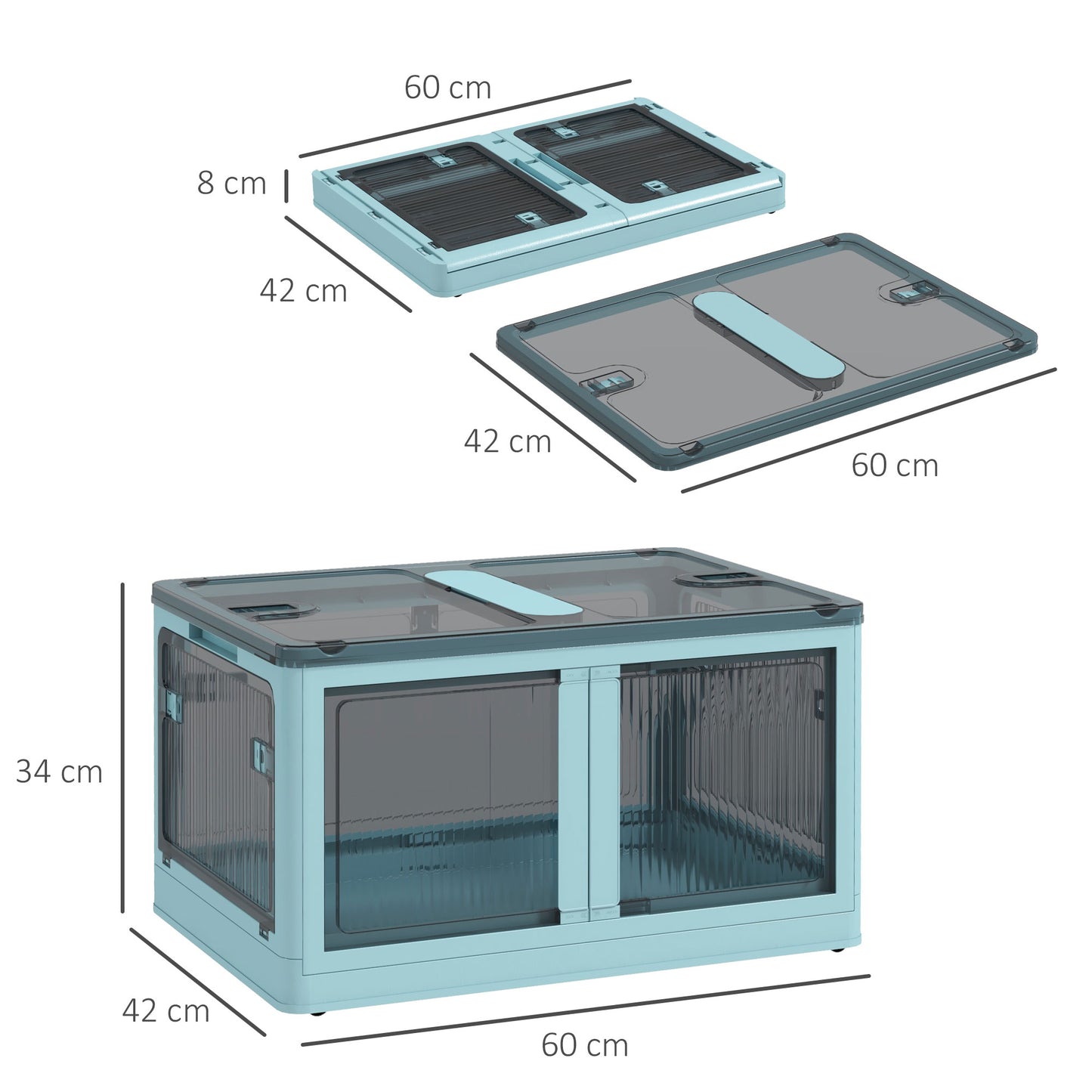 HOMCOM Caja de Almacenamiento Apilable con Tapa 69L Caja Organizadora Plegable con Ruedas Contenedor de Plástico con Acceso a 5 Lados 60x42x34 cm Azul