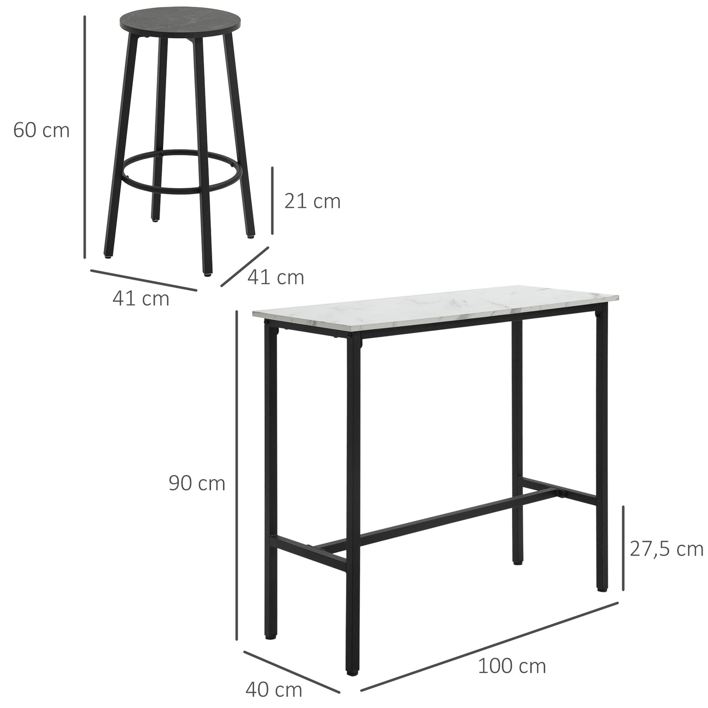 HOMCOM Juego de Mesa de Comedor Mesa Alta de Bar con 2 Taburetes Redondo 3 Piezas Marco de Acero Estilo Moderno para Cocina Salón Blanco y Negro