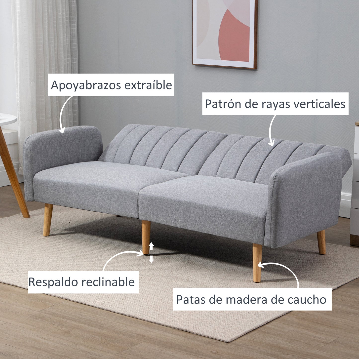 HOMCOM Sofá Cama de 2 Plazas Moderno Sofá Cama Plegable Tapizado en Lino Sintético con Respaldo Ajustable en 3 Niveles y Reposabrazos Desmontables para Salón Oficina 173x75x73 cm Gris