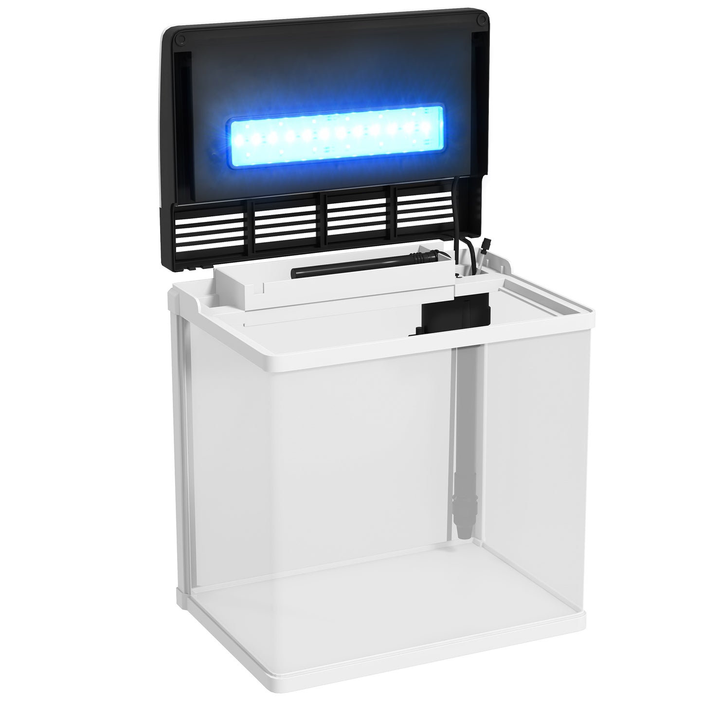 PawHut Acuario de Cristal de 13L Pecera Pequeña con Sistema de Filtro Iluminación LED Bomba de Agua 29x20x30,5 cm Blanco