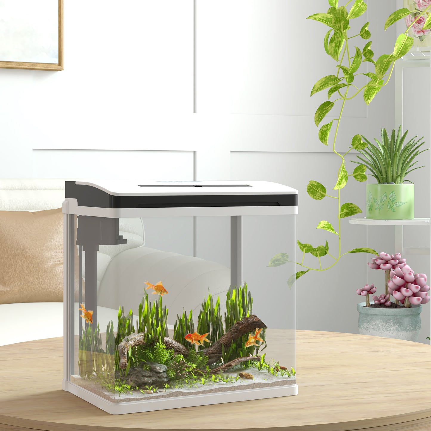 PawHut Acuario de Cristal de 13L Pecera Pequeña con Sistema de Filtro Iluminación LED Bomba de Agua 29x20x30,5 cm Blanco