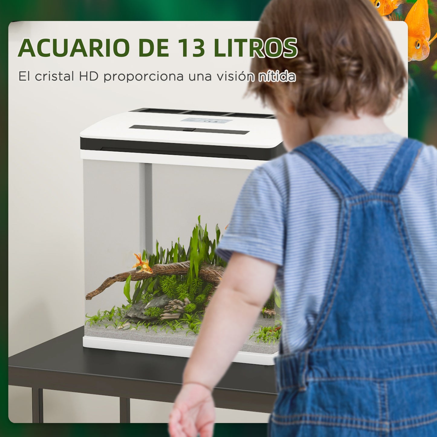 PawHut Acuario de Cristal de 13L Pecera Pequeña con Sistema de Filtro Iluminación LED Bomba de Agua 29x20x30,5 cm Blanco