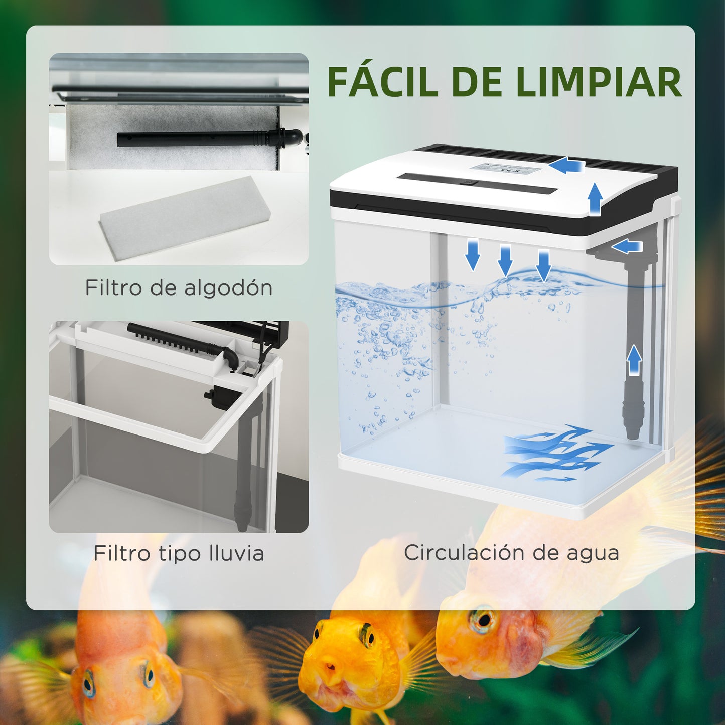 PawHut Acuario de Cristal de 13L Pecera Pequeña con Sistema de Filtro Iluminación LED Bomba de Agua 29x20x30,5 cm Blanco