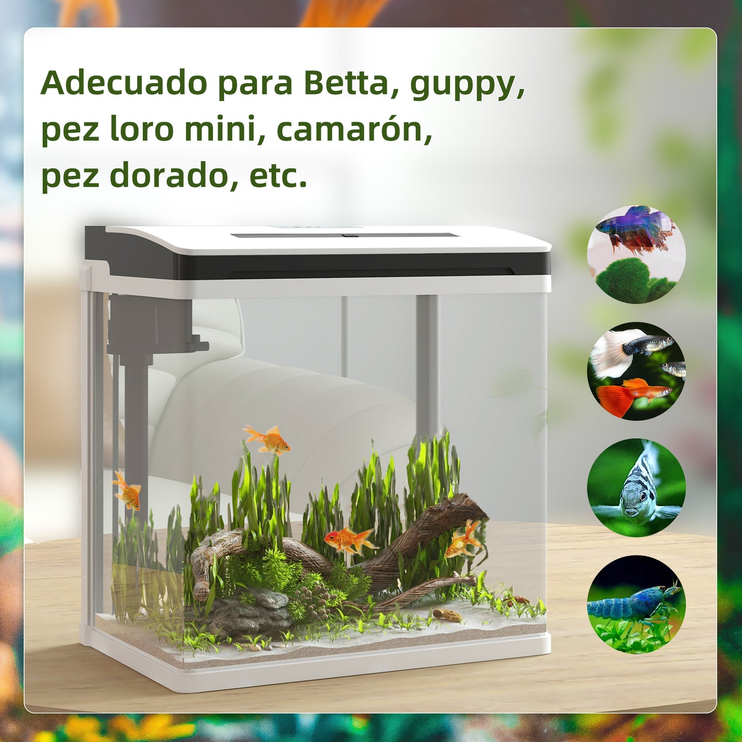 PawHut Acuario de Cristal de 13L Pecera Pequeña con Sistema de Filtro Iluminación LED Bomba de Agua 29x20x30,5 cm Blanco