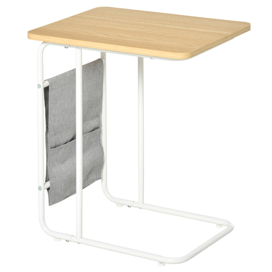 HOMCOM Mesa Auxiliar de Sofá en Forma de C con Bolsa de Almacenaje Extraíble Mesa Lateral para Salón Dormitorio Oficina 37x48x55,8 cm Roble y Blanco