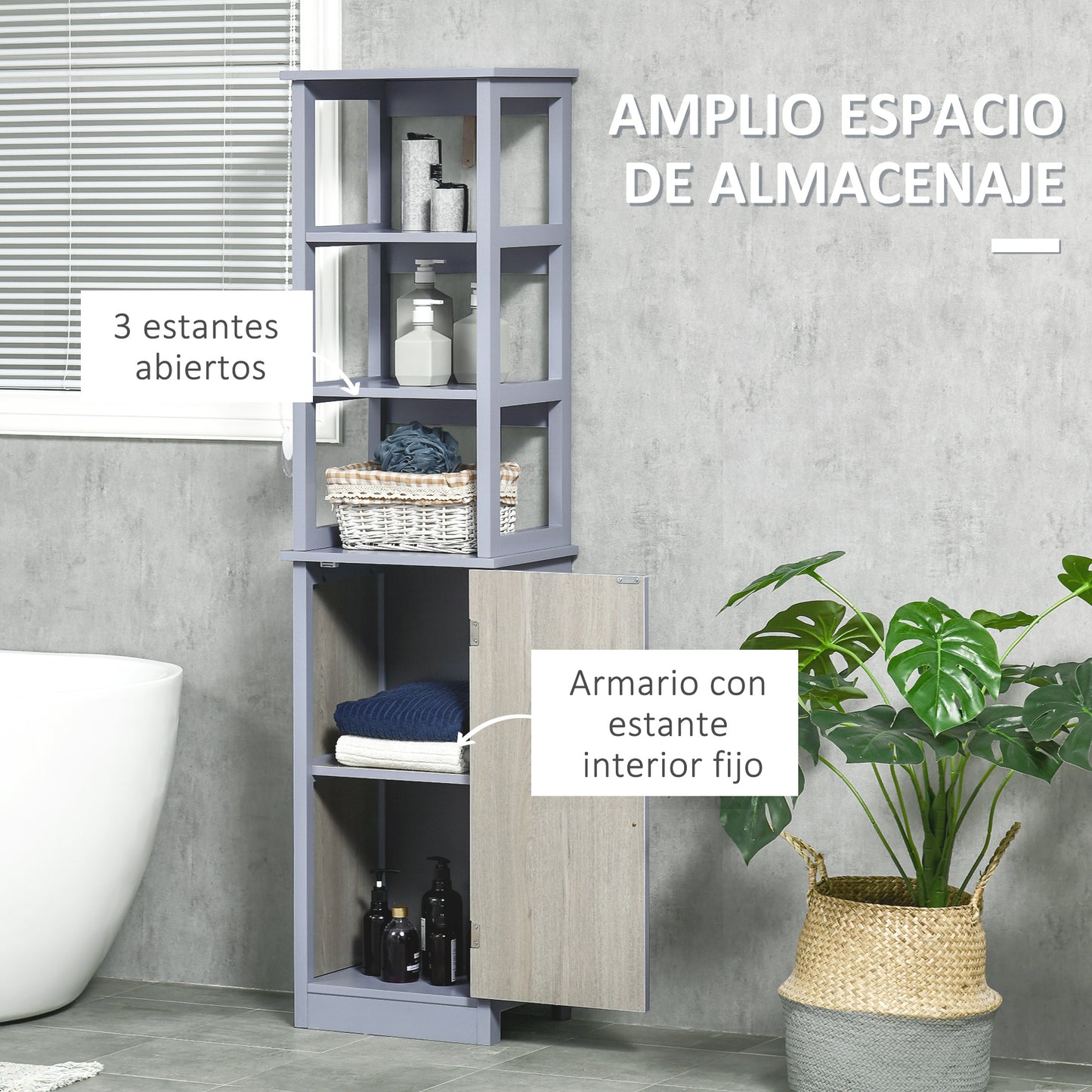 kleankin Armario Alto de Baño con 1 Puerta y 3 Estantes Abiertos Mueble Auxiliar de Almacenaje para Salón Cocina Dormitorio Carga 30 kg Antivuelco 40x30x160 cm Gris