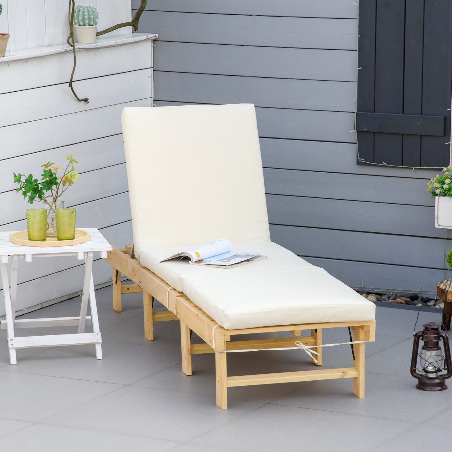 Outsunny Tumbona de Madera Plegable con Respaldo Ajustable en 4 Posiciones Cojín Extraíble Carga 113 kg para Jardín Terraza Camping Exterior 195x59x30 cm Natural