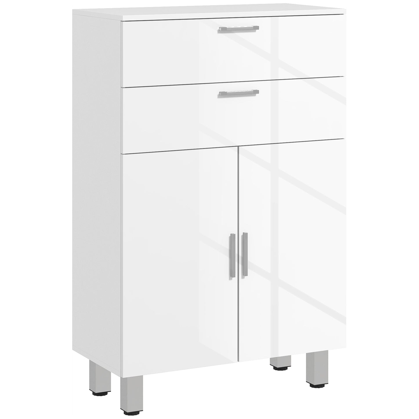 kleankin Mueble Auxiliar Baño Moderno Armario de Baño con 2 Cajones Armario y Estantes Ajustables Mueble de Almacenaje para Salón Dormitorio Antivuelco Carga 35 kg 60x30x93 cm Blanco Brillante