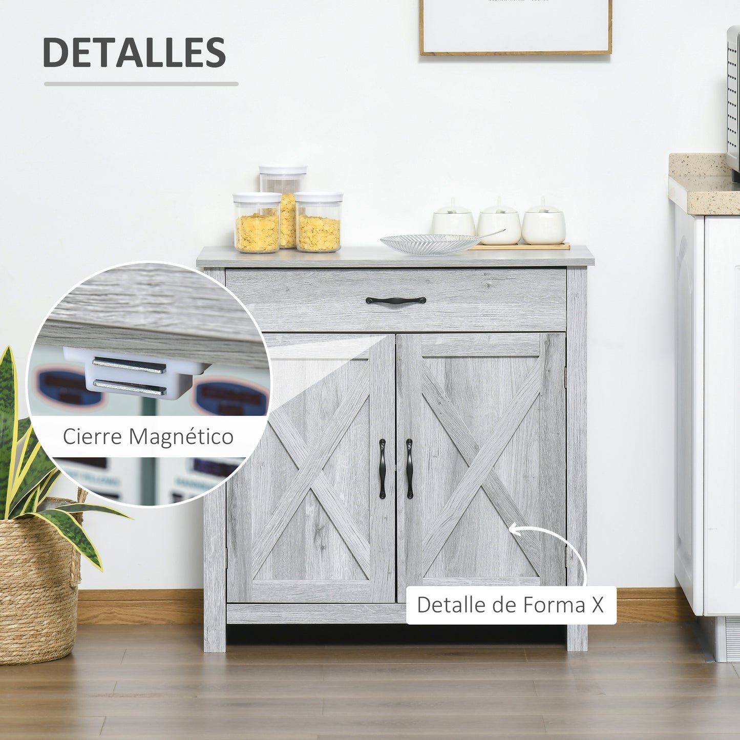 HOMCOM Aparador de Cocina Buffet para Salón con 1 Cajón 2 Puertas y Estante Interior Ajustable Mueble Auxiliar Decorativo para Comedor 80x39,7x80 cm Gris