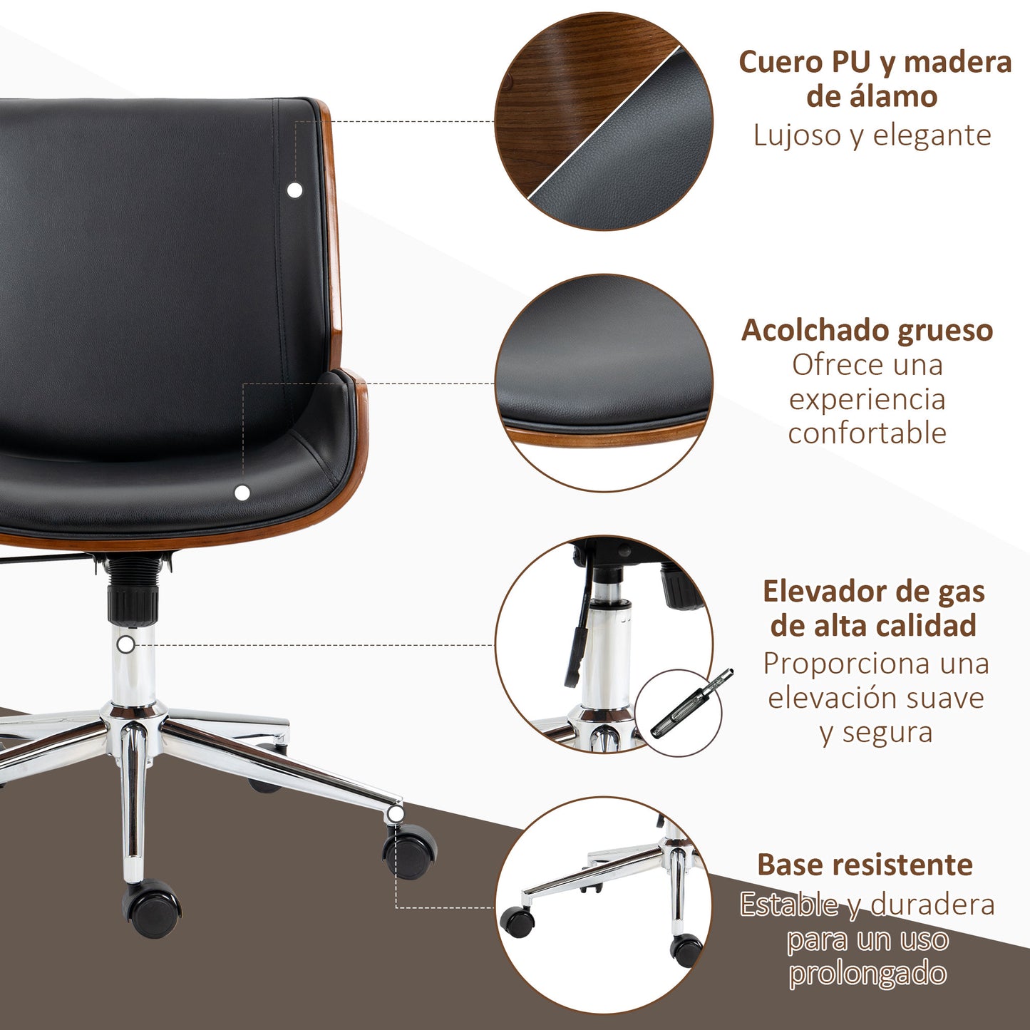 Vinsetto Silla de Escritorio Giratoria Silla de Oficina de PU con Altura Ajustable Función de Inclinación y Ruedas para Salón Dormitorio Estudio Carga 120 kg 51x65,5x82-92 cm Negro