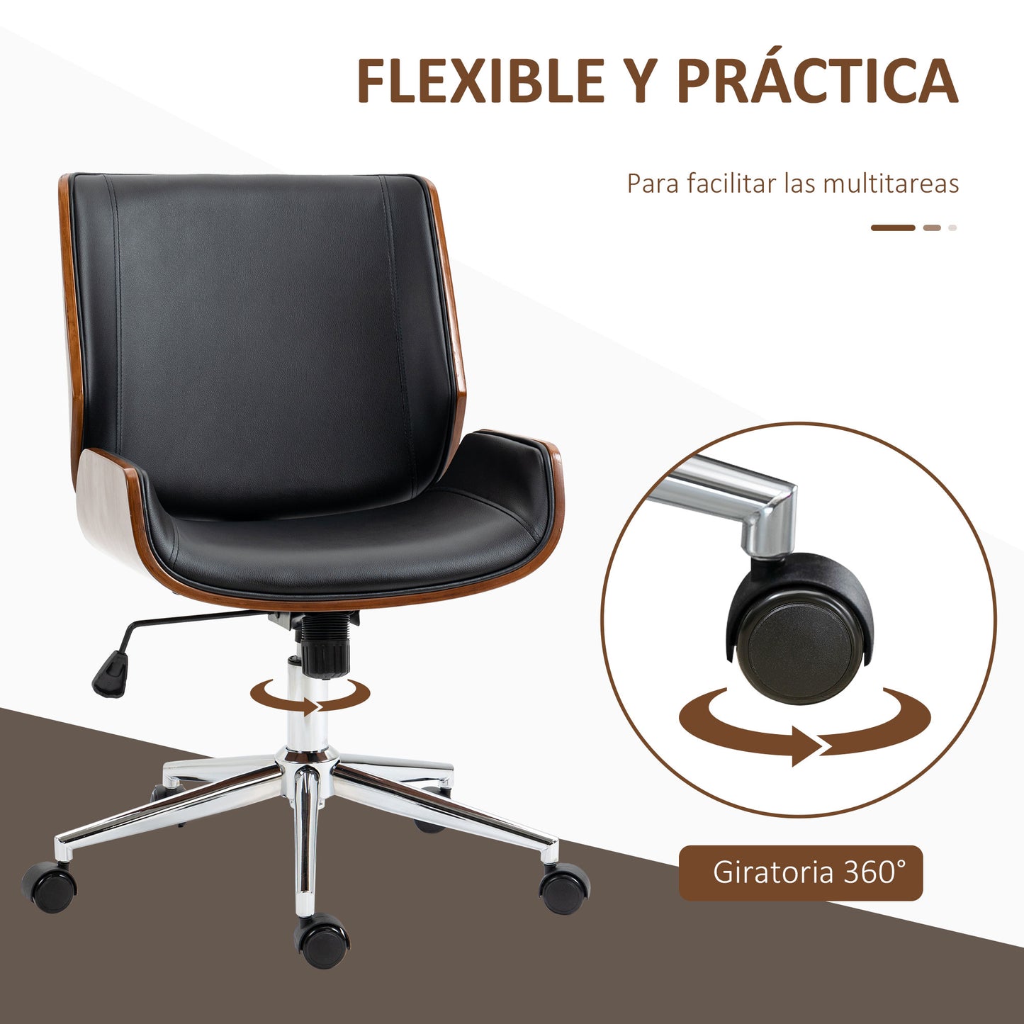 Vinsetto Silla de Escritorio Giratoria Silla de Oficina de PU con Altura Ajustable Función de Inclinación y Ruedas para Salón Dormitorio Estudio Carga 120 kg 51x65,5x82-92 cm Negro