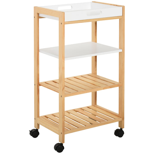 HOMCOM Carrito de Cocina Carrito de Servicio Doméstico de 4 Niveles con Una Bandeja Extraíble Estante Ruedas Universales 40x30x76 cm Blanco Madera