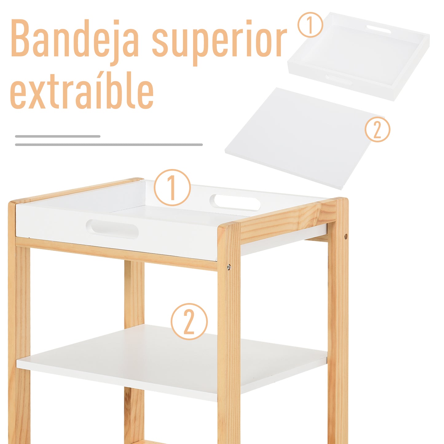 HOMCOM Carrito de Cocina Carrito de Servicio Doméstico de 4 Niveles con Una Bandeja Extraíble Estante Ruedas Universales 40x30x76 cm Blanco Madera