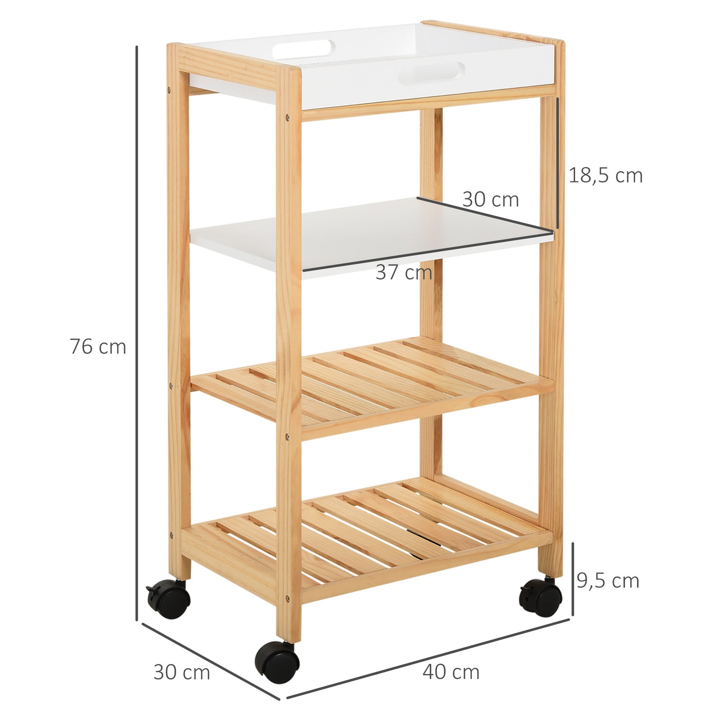 HOMCOM Carrito de Cocina Carrito de Servicio Doméstico de 4 Niveles con Una Bandeja Extraíble Estante Ruedas Universales 40x30x76 cm Blanco Madera