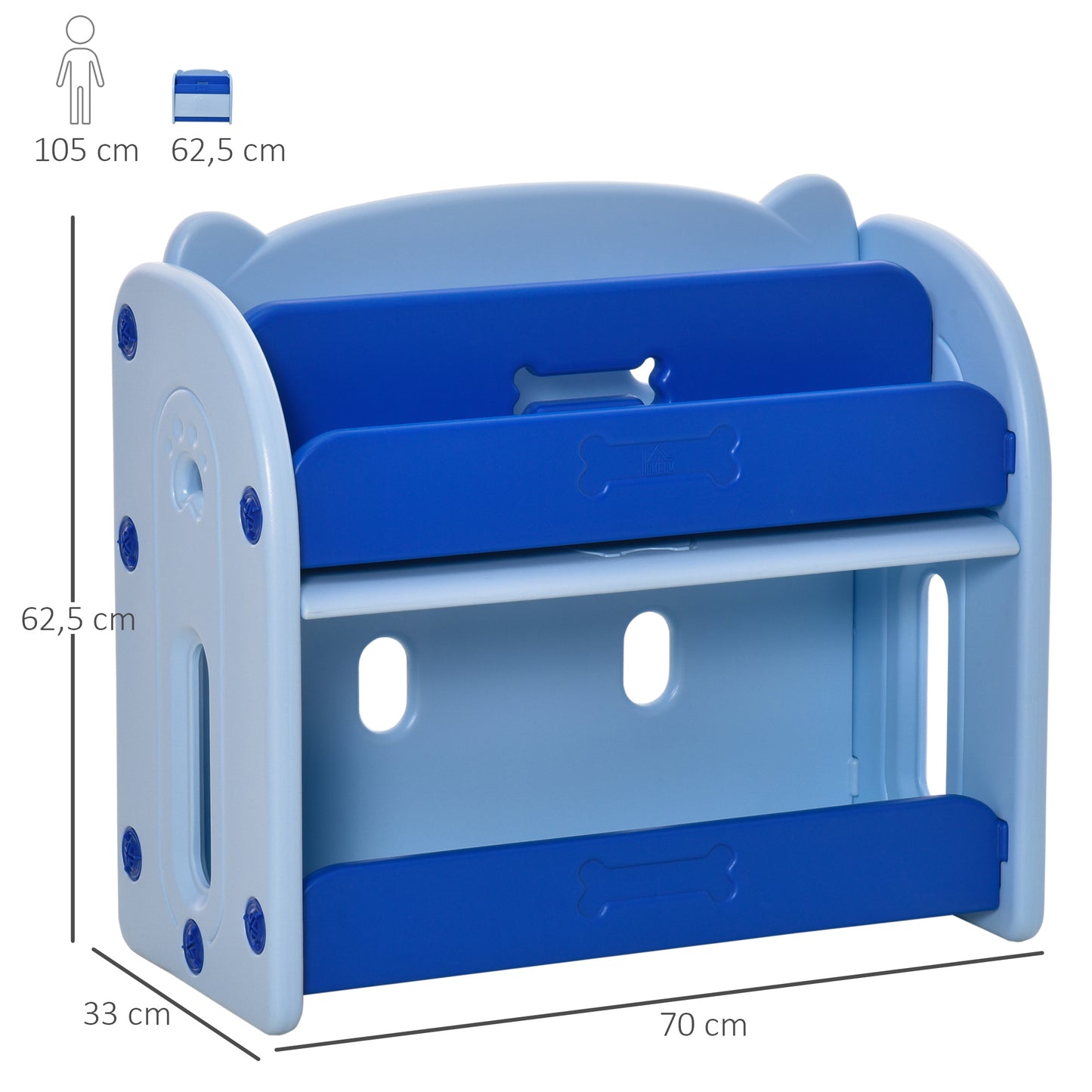 HOMCOM Estantería infantil de Juguetes Librería para Niños con 2 Estantes y Compartimento con Tapa Abatible para Habitación Carga 20 kg 70x33x62,5 cm Azul