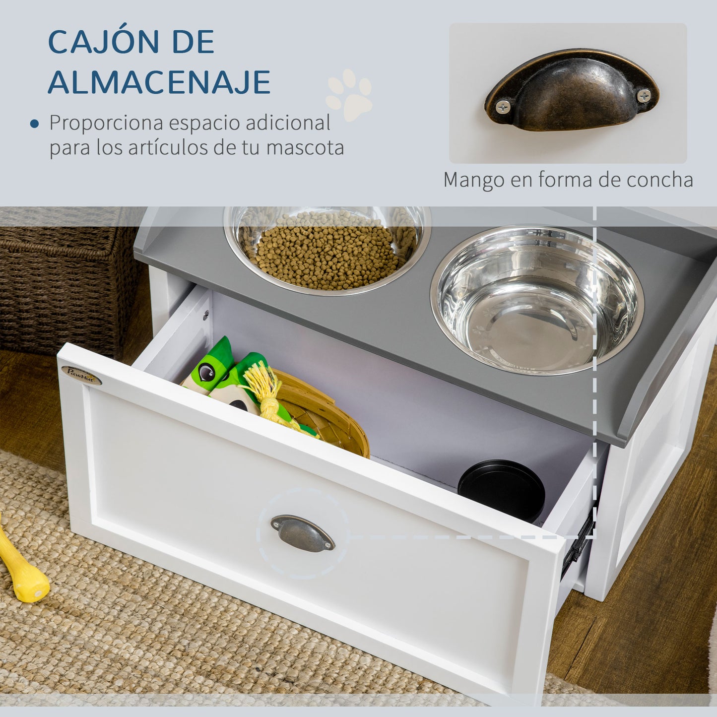 PawHut Comedero Elevado para Perros Grandes Cuencos para Perros con 2 Tazones 2000ml de Acero Inoxidable y Cajón Oculto Soporte de Madera para Mascotas 60x30x36 cm Blanco