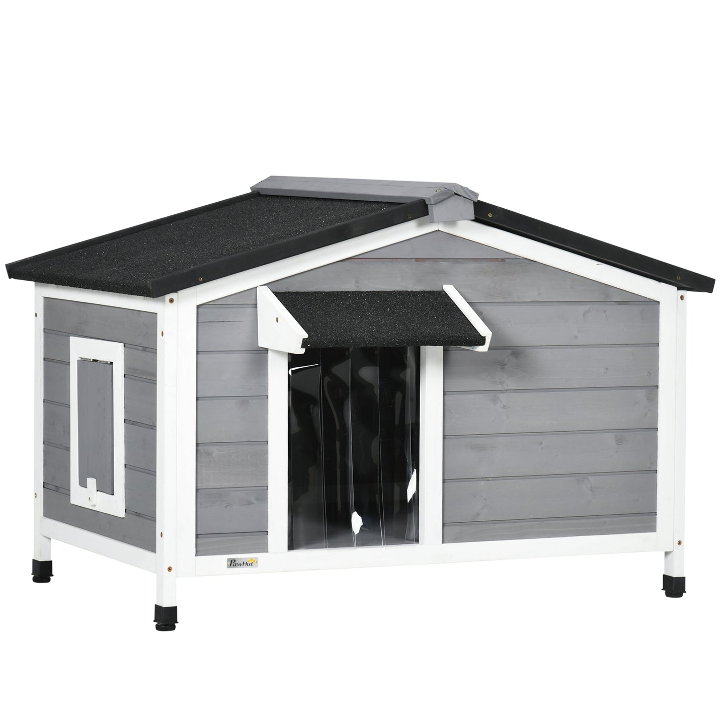 PawHut Caseta para Perros de Exterior Casa para Perros de Madera con Techo Asfáltico Abatible 2 Ventanas Puerta con Cortina y Base Extraíble para Interior y Exterior 97x72x65 cm Gris