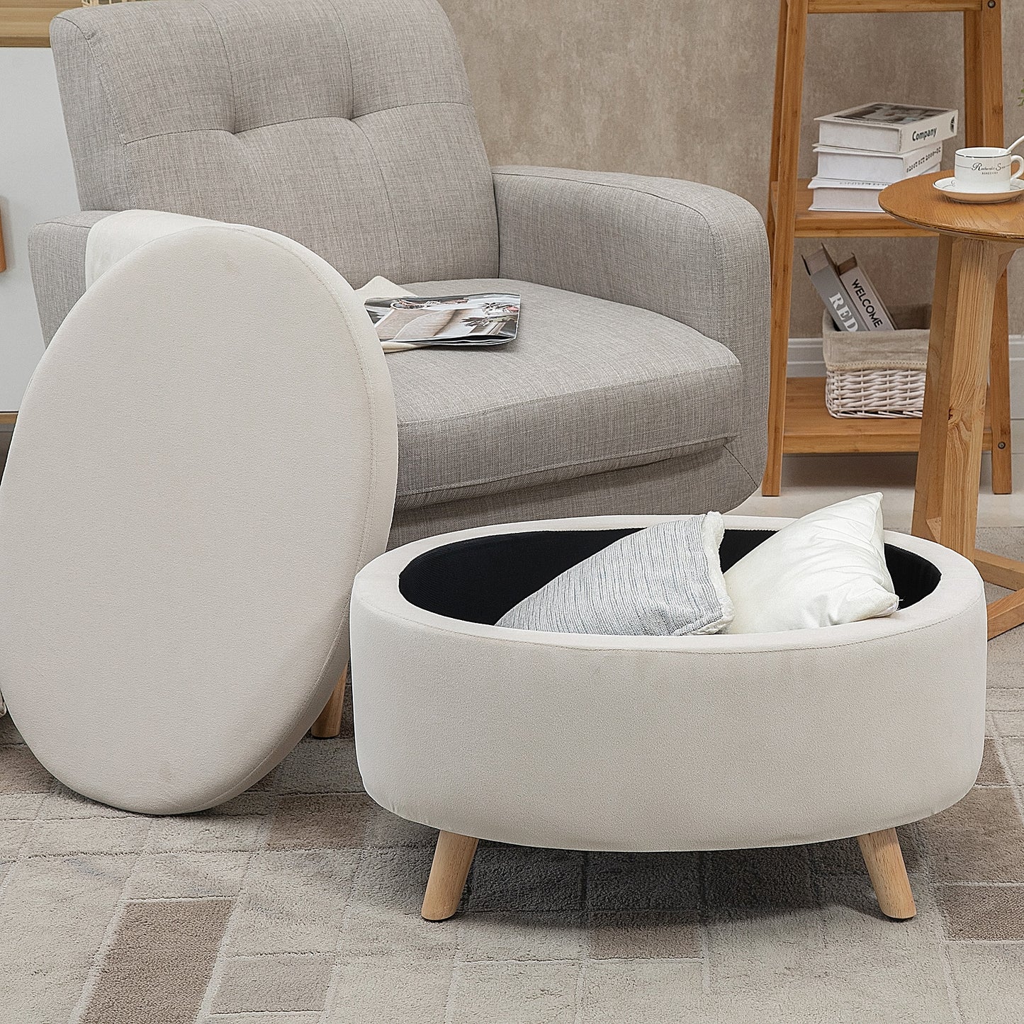 HOMCOM Otomana Puff Tapizada en Terciopelo Acolchada Taburete de Almacenaje con Tapa Extraíble y Patas de Madera para Dormitorio Salón Pasillo 71x51,5x42 cm Beige