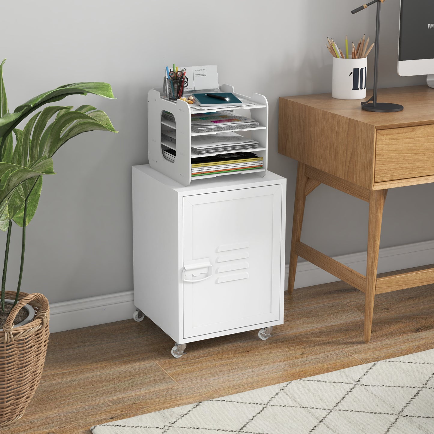 Vinsetto Cajonera de Oficina Mueble Archivador con Ruedas Estante Ajustable y Puerta de Metal para Tamaño A4 para Estudio Salón 38x38,5x55,5 cm Blanco