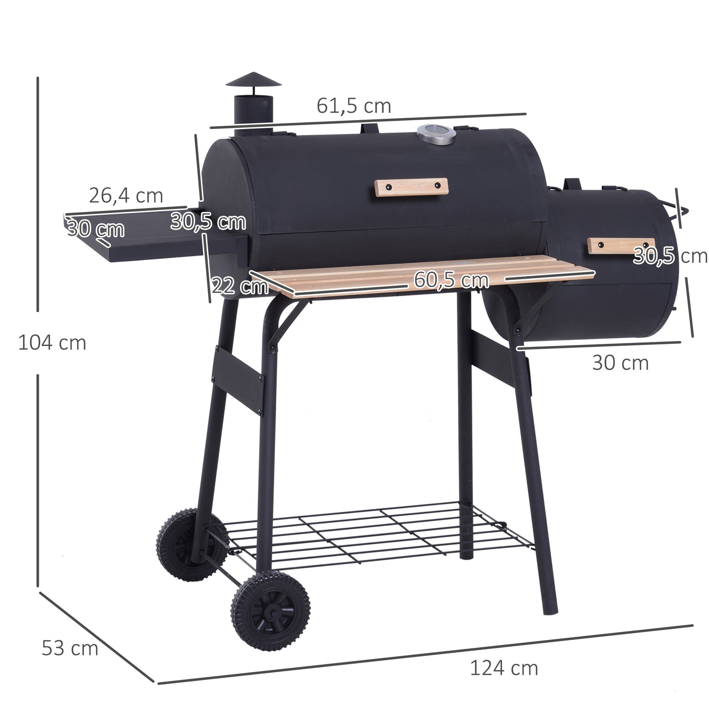 Outsunny Barbacoa de Carbón 3 en 1 Ahumador Parilla de Carbón Barbacoa de BBQ 124x53x104 cm con Termómetro y Ruedas Estantes de Madera Picnic Acampada al Aire Libre