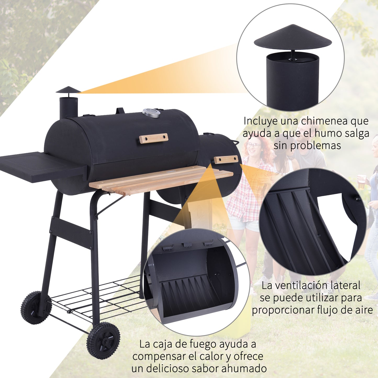 Outsunny Barbacoa de Carbón 3 en 1 Ahumador Parilla de Carbón Barbacoa de BBQ 124x53x104 cm con Termómetro y Ruedas Estantes de Madera Picnic Acampada al Aire Libre